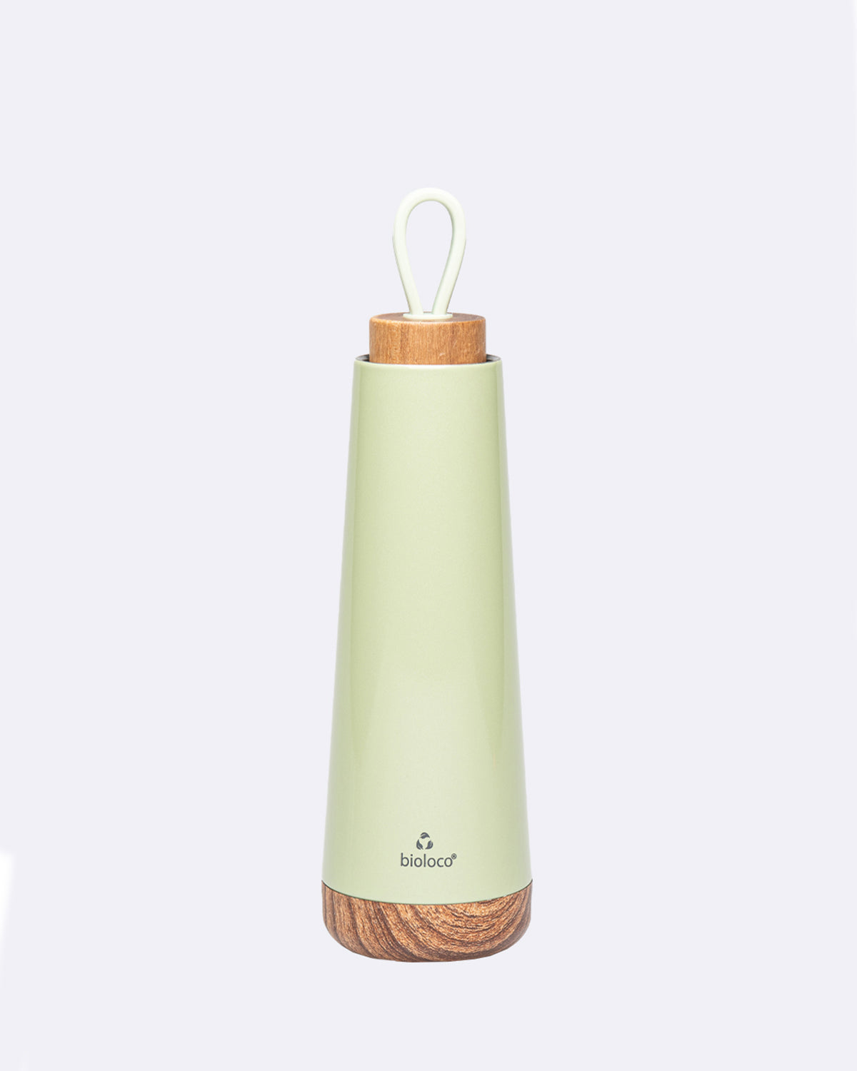 Isolierflasche aus Metall in hellem Grün mit Holzdetails und Schriftzug "bioloco®"