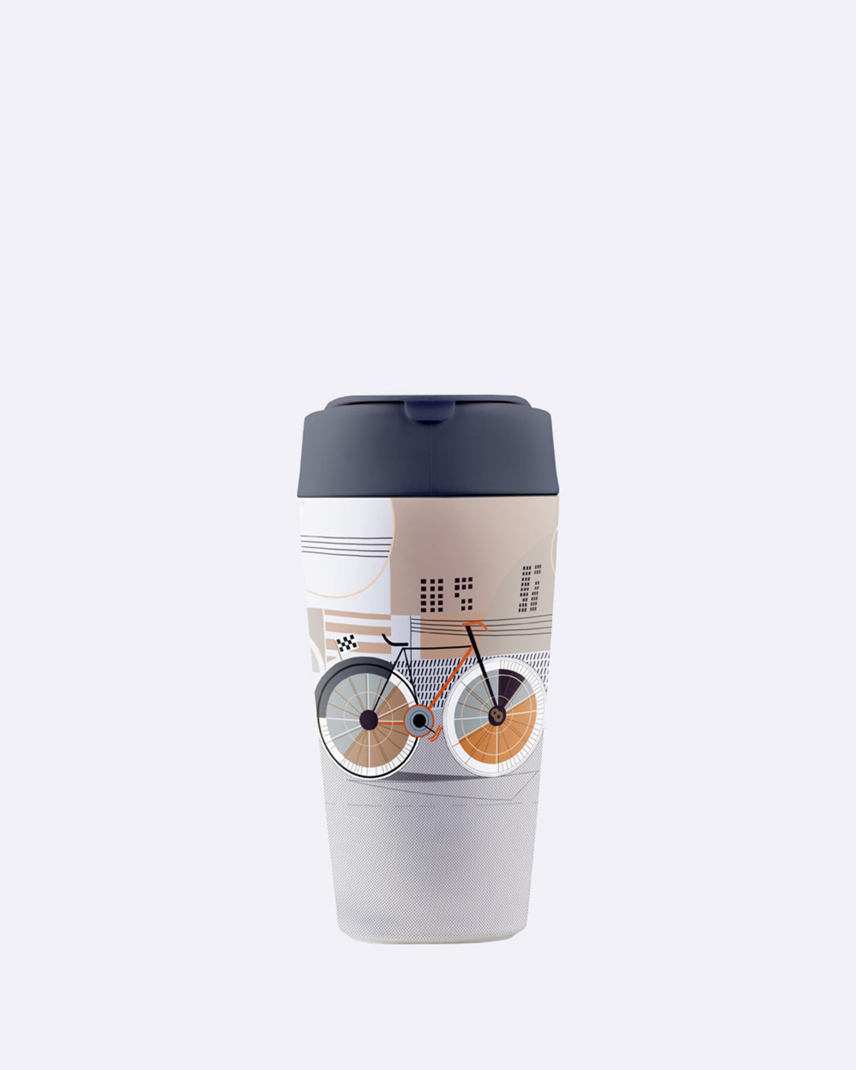 Mehrfarbiger Becher mit Fahrradmotiv und grauem Deckel, Schriftzug "HELLO BIKING sichtbar"