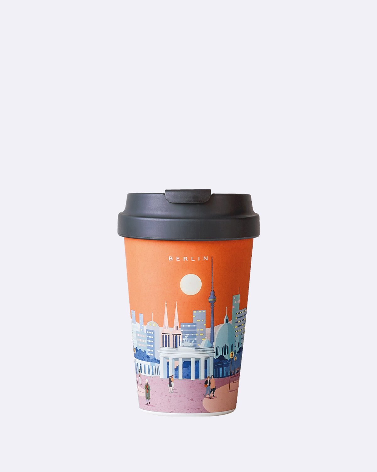 Kaffeebecher - Verschließbarer Deckel - Orange mit Häusern