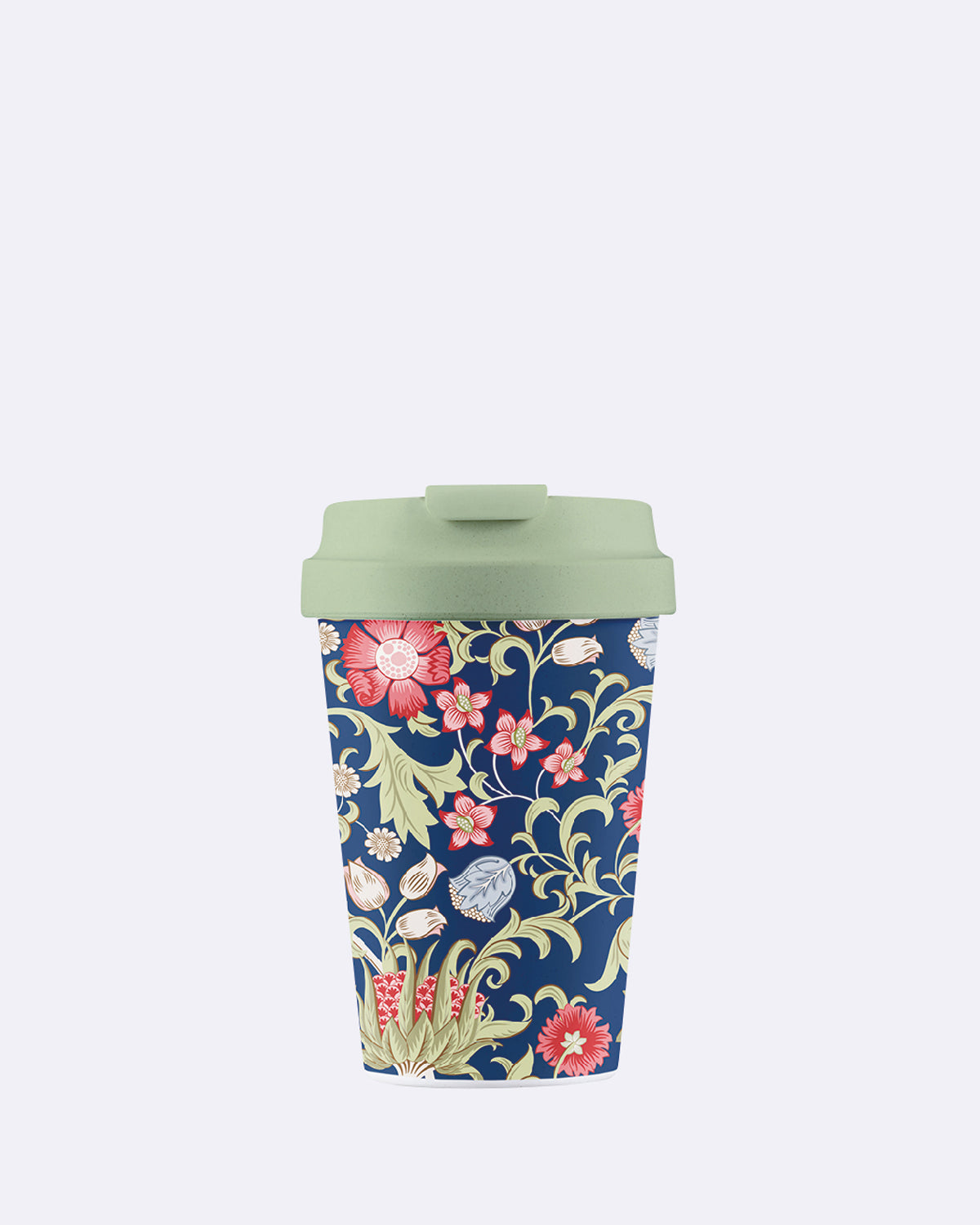 Kaffeebecher in blau mit Blumenmuster mit grünem Deckel