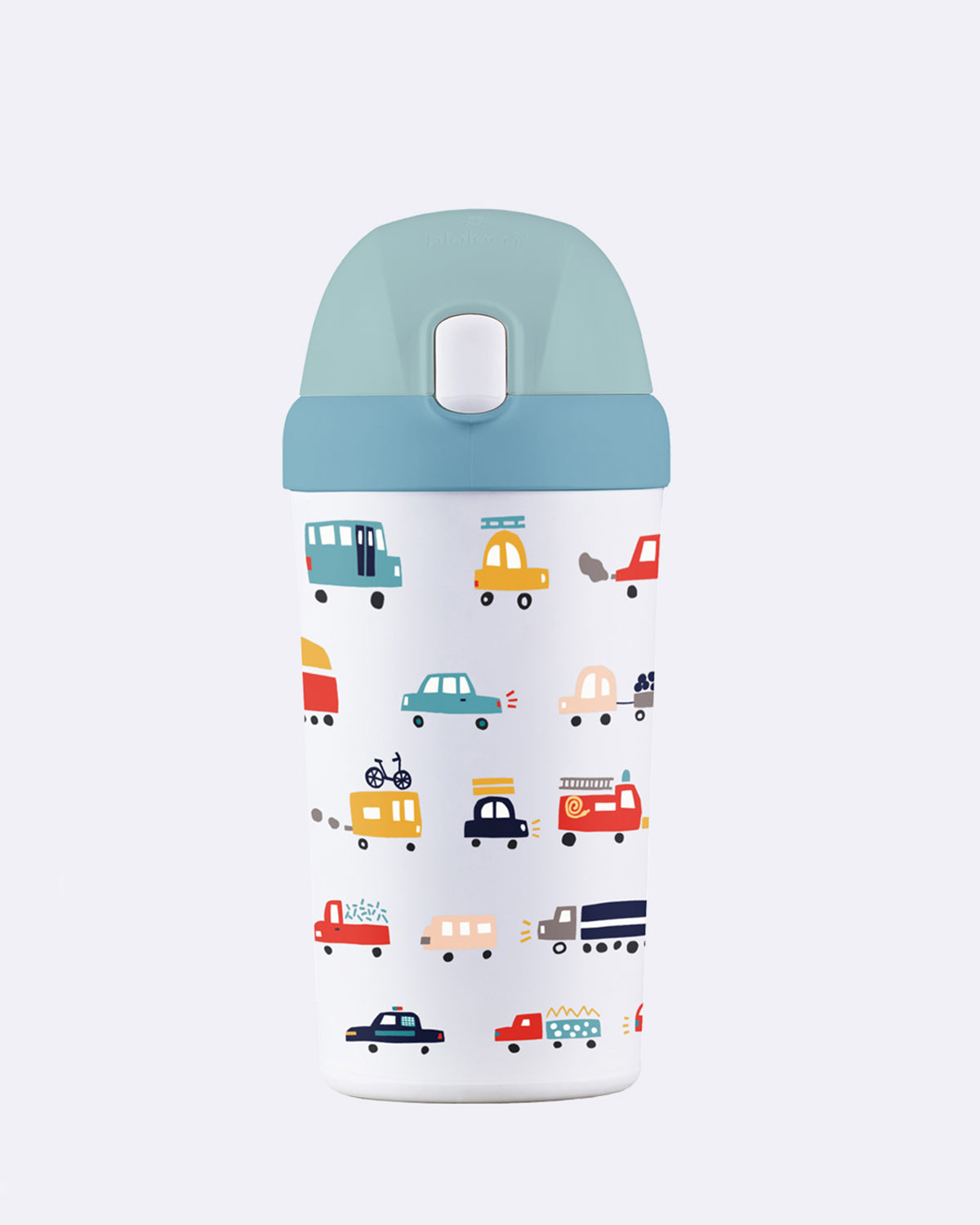 Trinkflasche aus PLA in weiß mit Automotiv und blauem Deckel