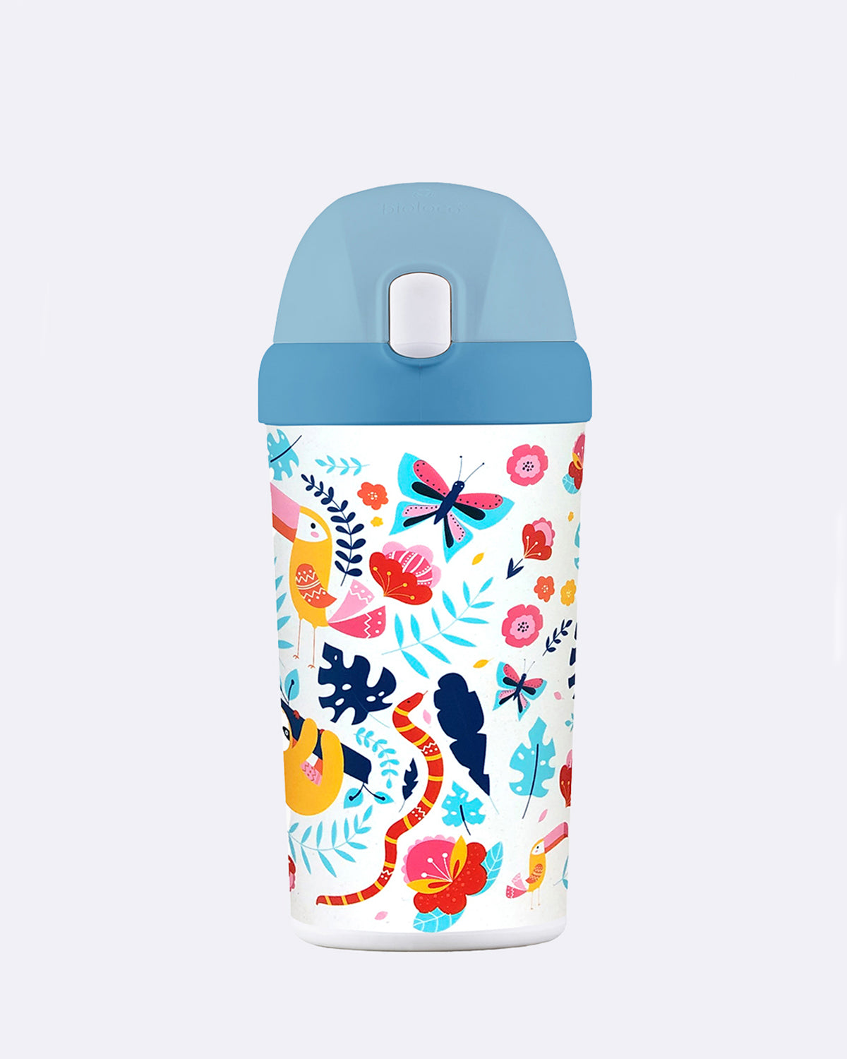 Kindertrinkbecher mit blauem Deckel und bunten tropischen Mustern