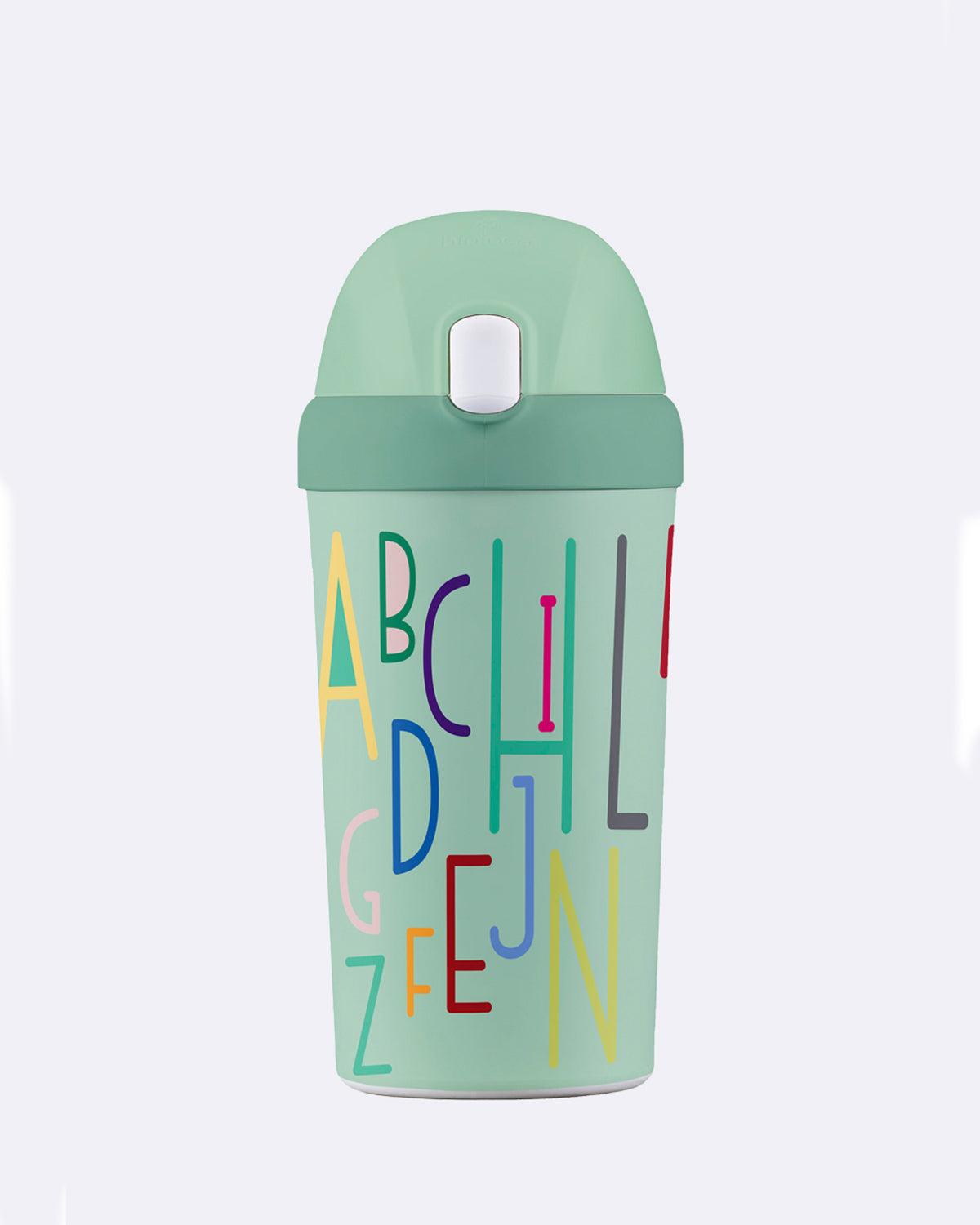 Trinkflasche aus PLA in Türkis mit bunten Buchstaben