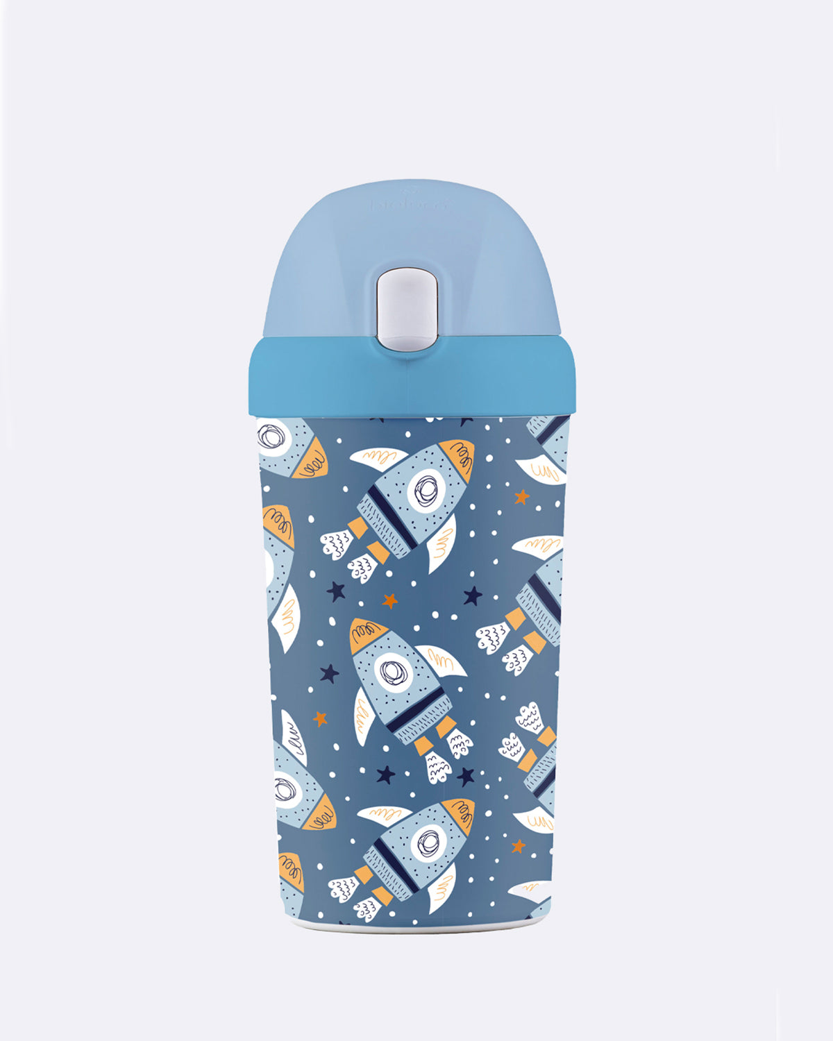 Kindertrinkbecher mit Raketenmuster und hellblauem Deckel