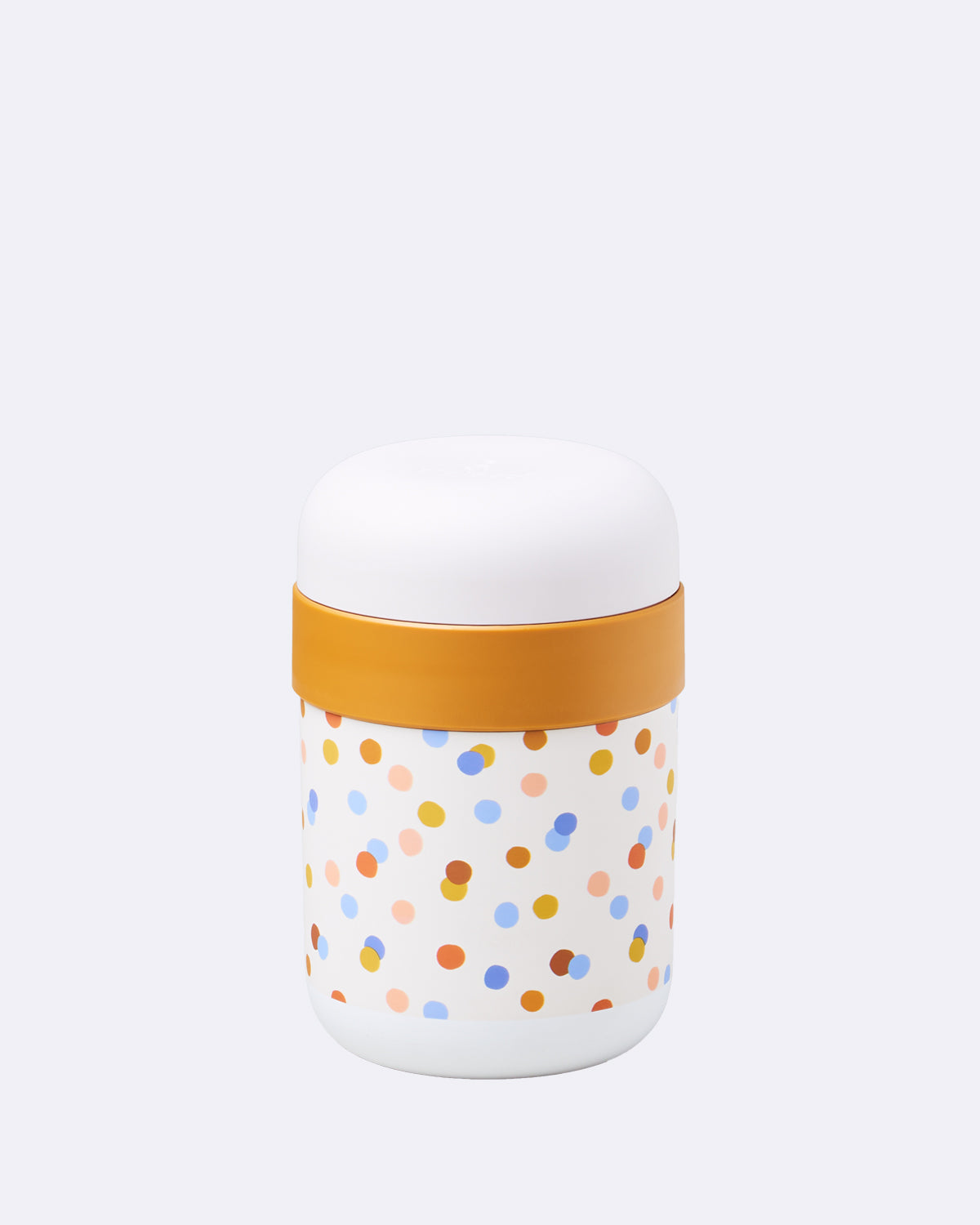 Lunchpot mit bunten Punkten und gelbem Deckel, ohne sichtbaren Schriftzug