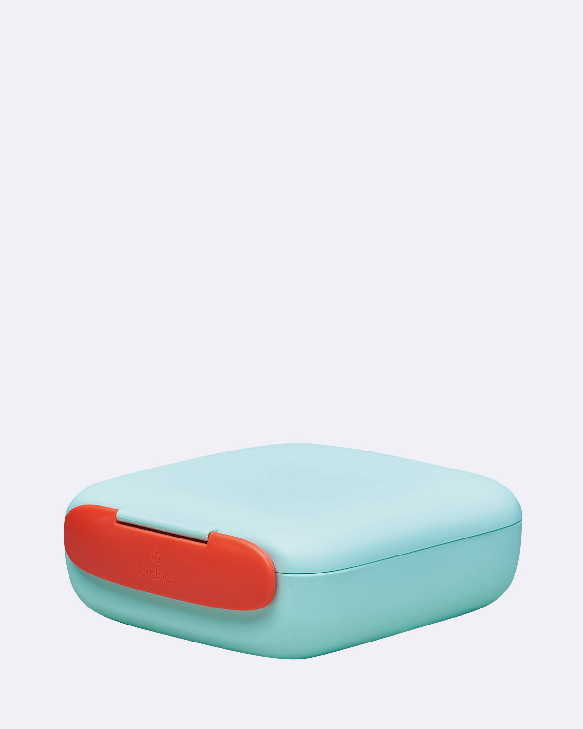 Lunchbox aus hellblauem Material mit roter Klappe und Schriftzug "bioloco"