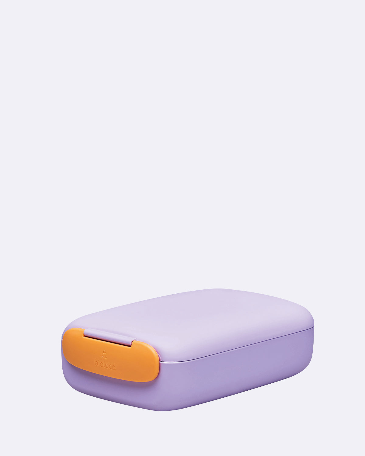 Rechteckige Lunchbox in violett mit Verschluss in orange