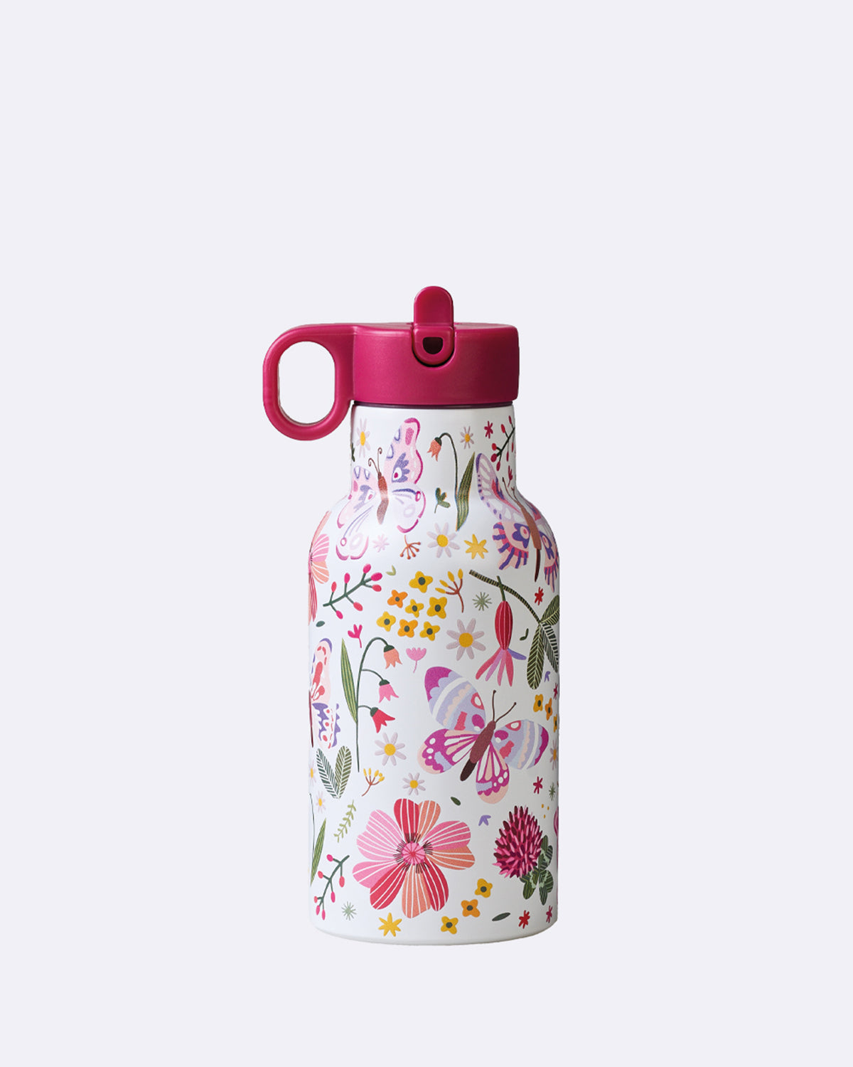 Trinkflasche mit Henkel und ausklappbarem Trinkhalm in weiß mit Blumenmuster