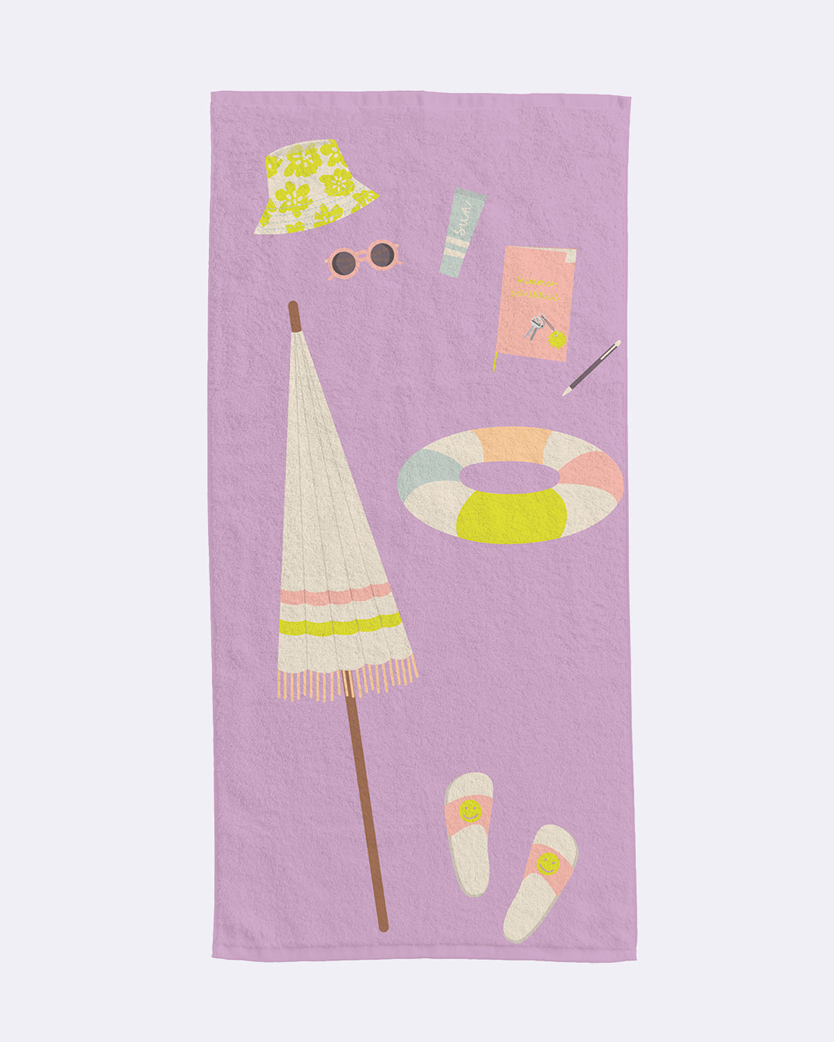 Strandhandtuch in Lila mit abgebildeten Accessoires