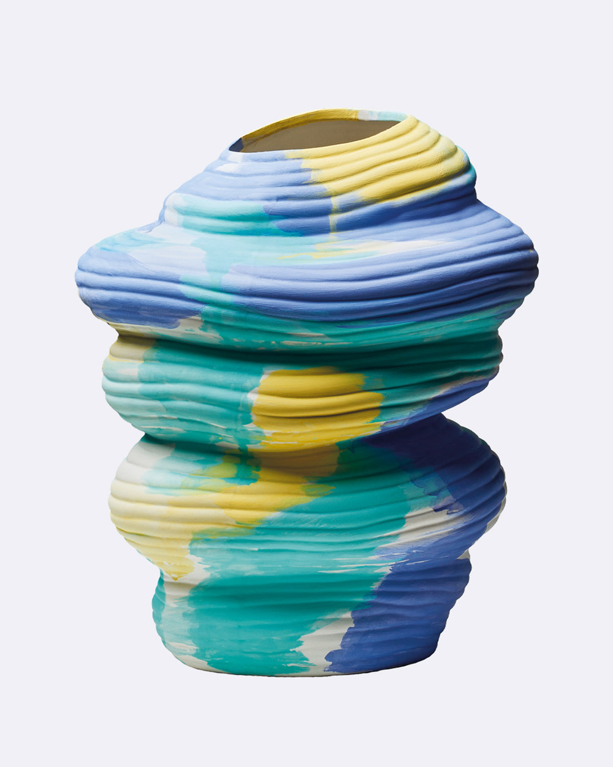 Vase mit abstrakter Form in blau, Cyan und gelb