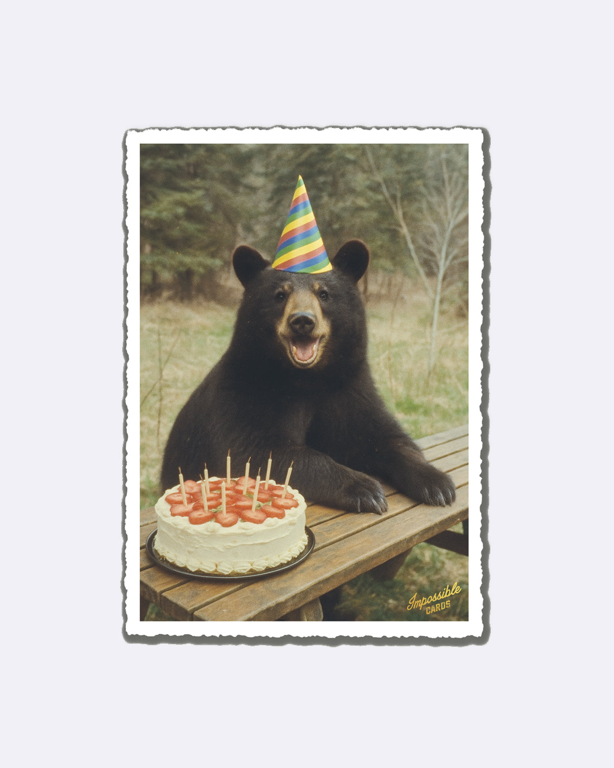 Postkarte mit einem Bären in einem bunten Partyhut neben einer Torte mit Schriftzug "Impossible Cards"
