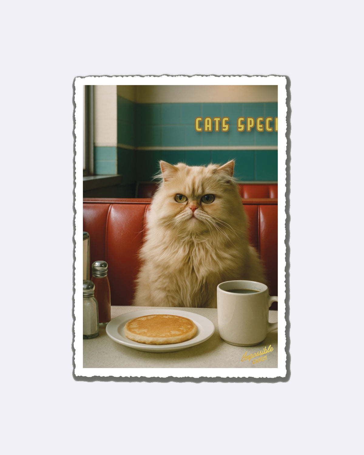 Postkarte mit Katze und Pfannkuchen im Diner mit Schriftzug "CATS SPECIAL"