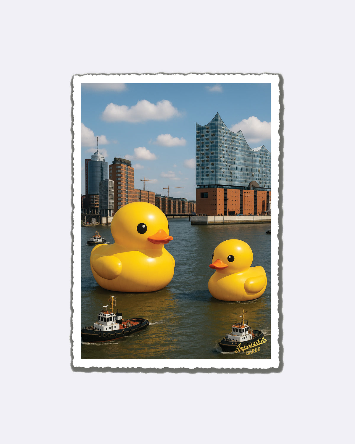Postkarte mit gelben Badeenten auf Wasser vor moderner Architektur und Schriftzug "Impossible Cards"