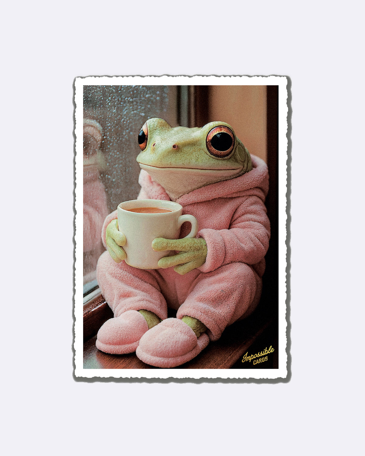 Postkarte mit Frosch im rosa Trainingsanzug und Tasse in den Händen mit Schriftzug "Impossible Cards"