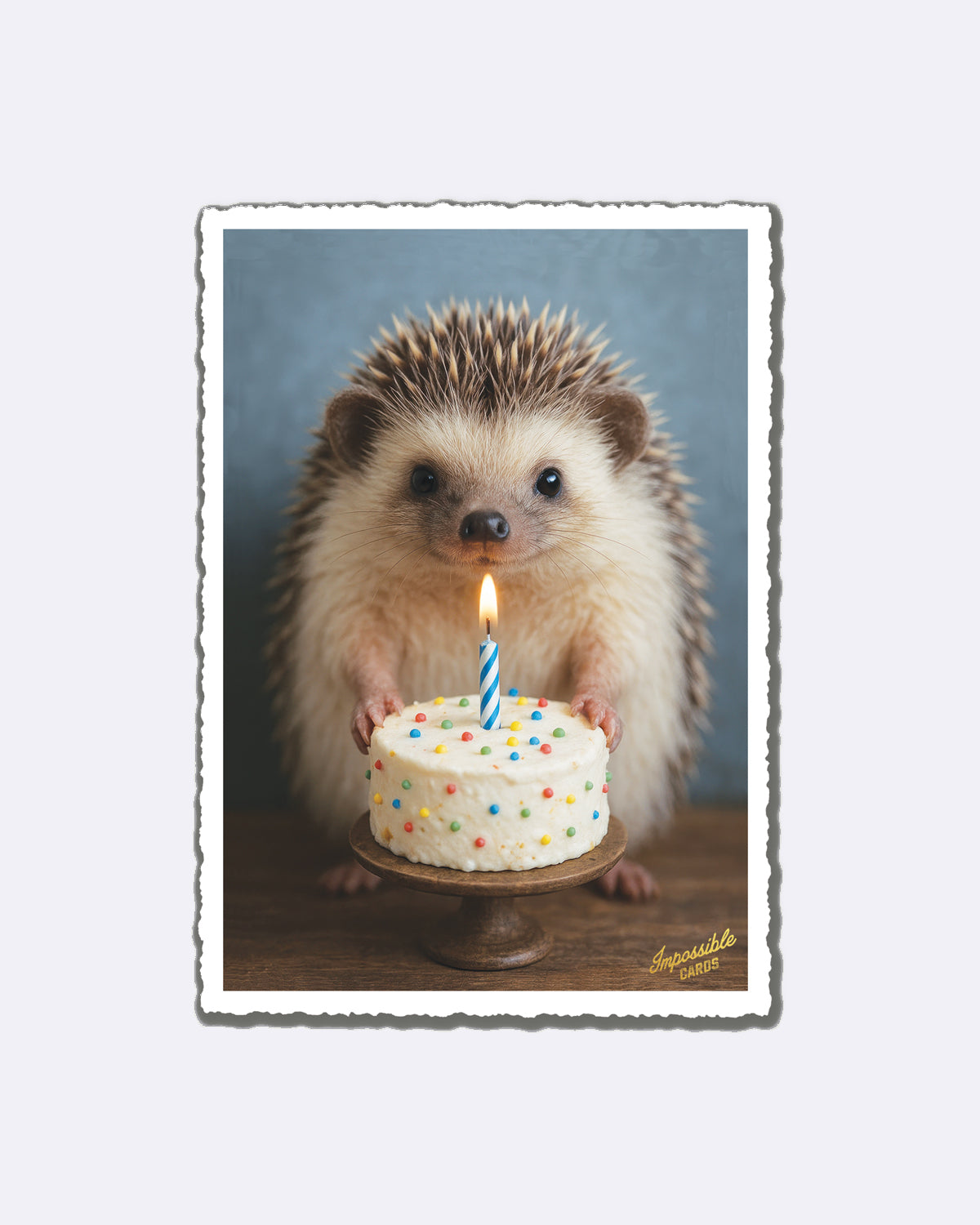 Postkarte mit Igel, Torte mit bunten Streuseln und blauer Kerze, Schriftzug "Impossible Cards"