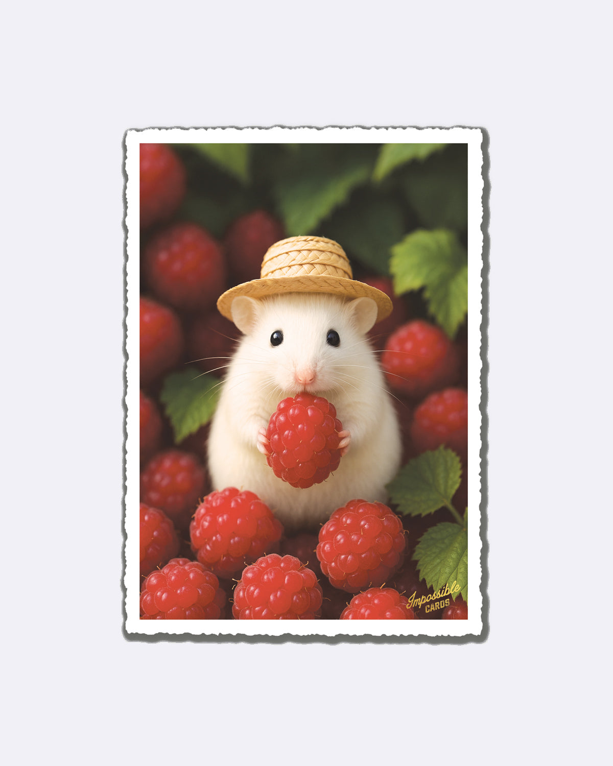 Postkarte mit Hamster in Strohhut und roten Himbeeren mit Schriftzug "Impossible Cards"