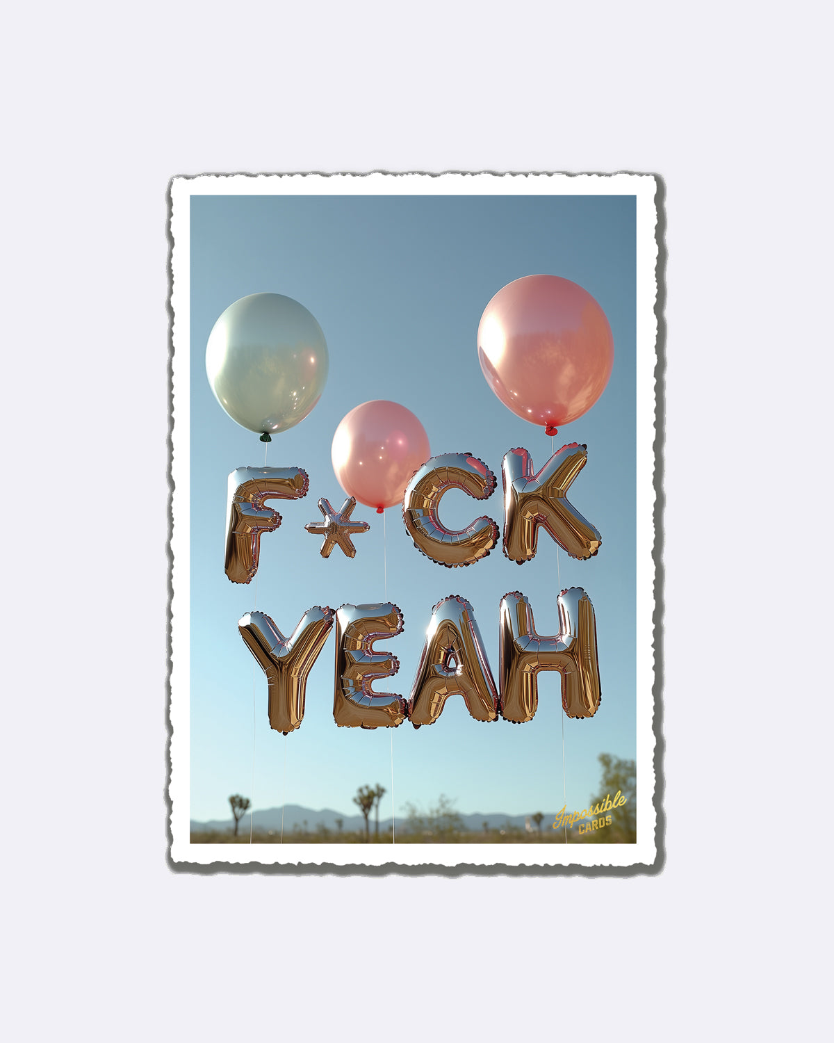 Postkarte mit bunten Ballons vor Himmel mit Schriftzug "F CK YEAH"