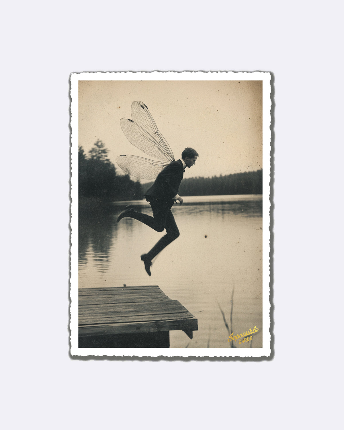 Postkarte mit Schwarz-Weiß-Foto eines Mannes mit Libellenflügeln über einem See und Schriftzug "Impossible Card"