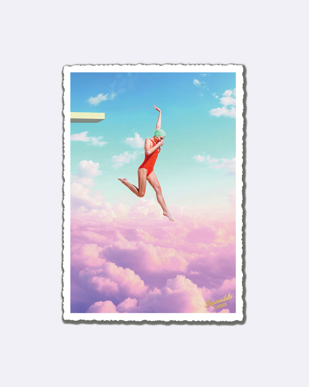 Postkarte mit Frau im roten Badeanzug in rosa Wolkenhimmel mit Schriftzug "Impossible Cards"