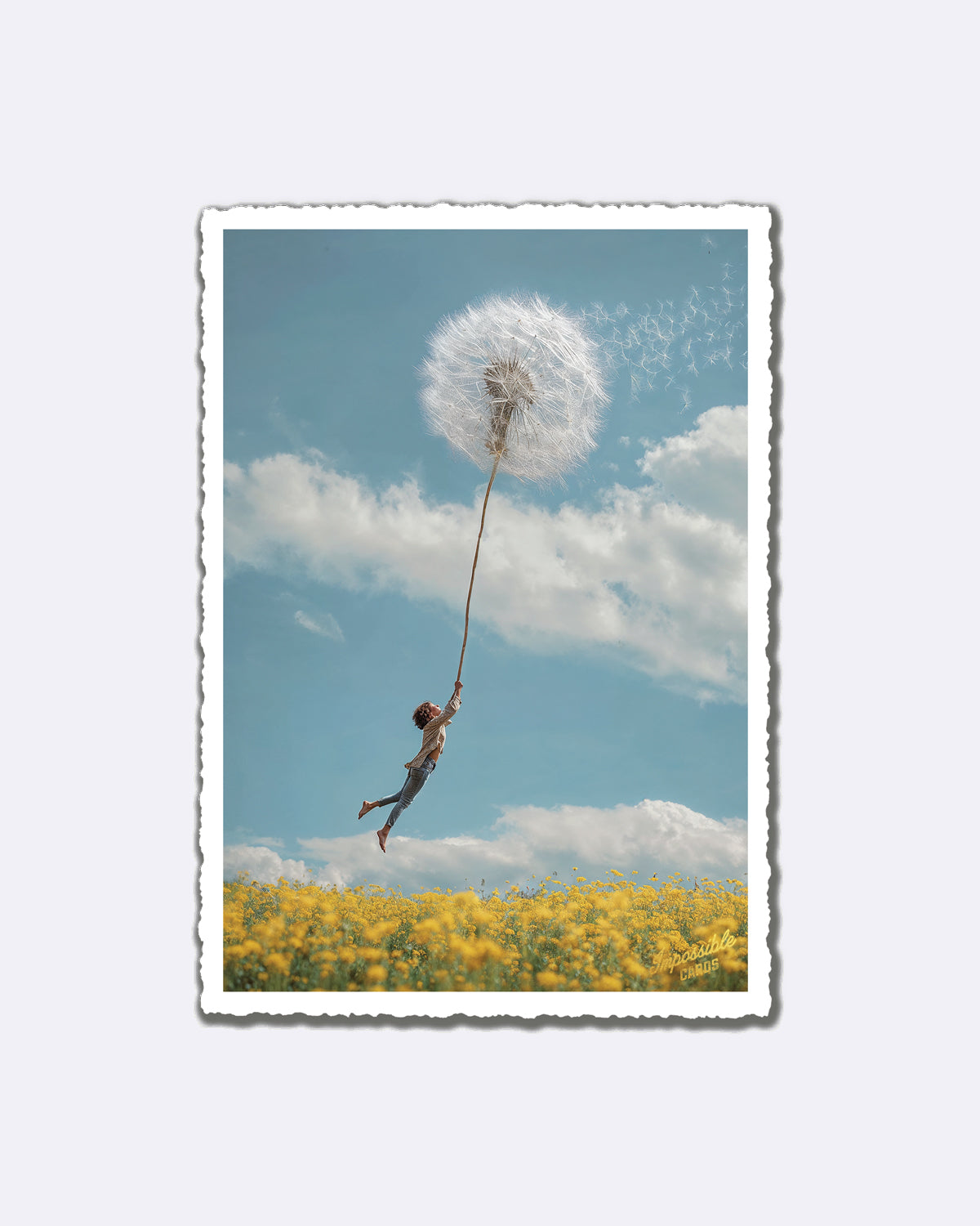 Postkarte mit einem schwebenden Kind an einer Pusteblume über einem gelben Blumenfeld und blauem Himmel