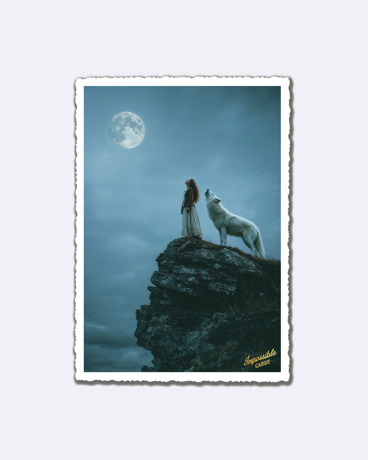 Postkarte mit Mond und Frau in Kleid auf Felsen neben Wolf, Schriftzug "Impossible CARDS"