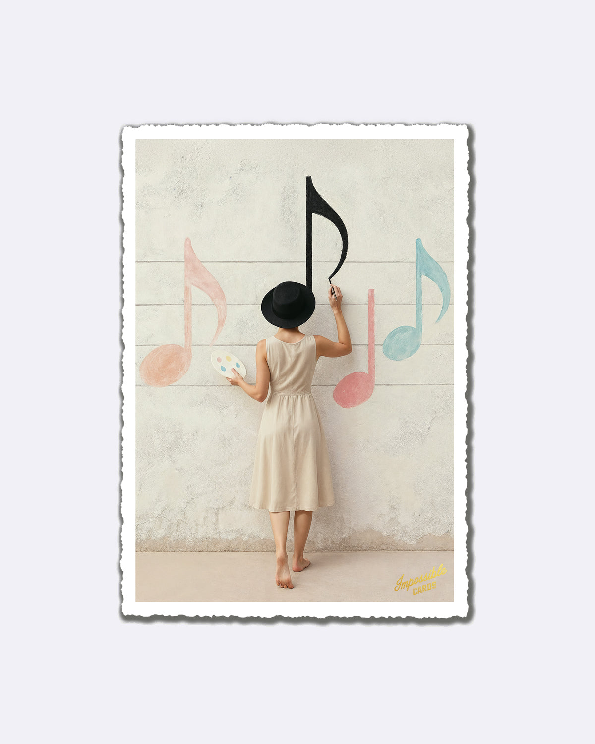 Postkarte mit Frau in hellem Kleid und schwarzem Hut, die große bunte Noten an eine Wand malt