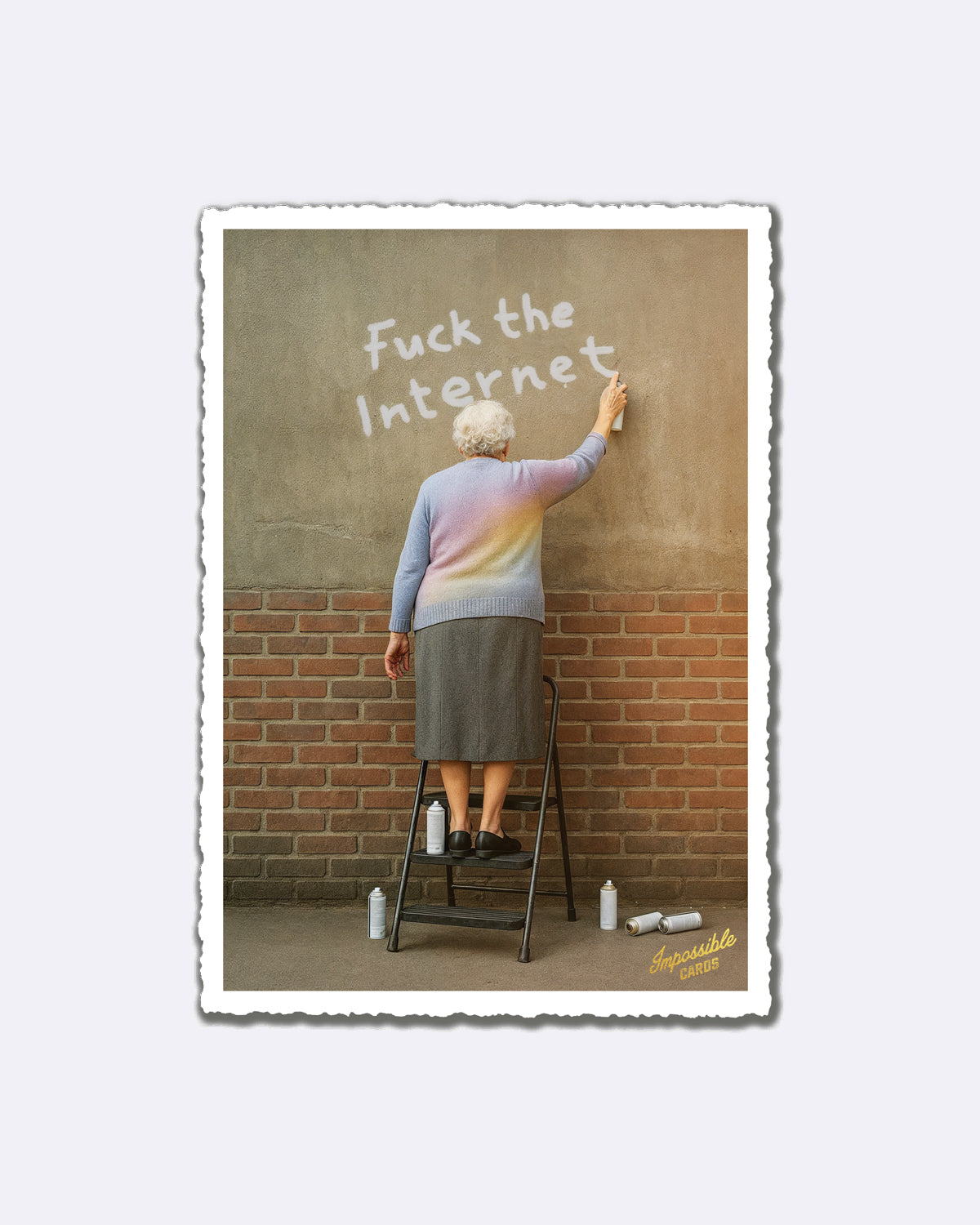 Postkarte mit älterer Person auf Leiter, Wand in Ziegeloptik, Schriftzug "Fuck the Internet"