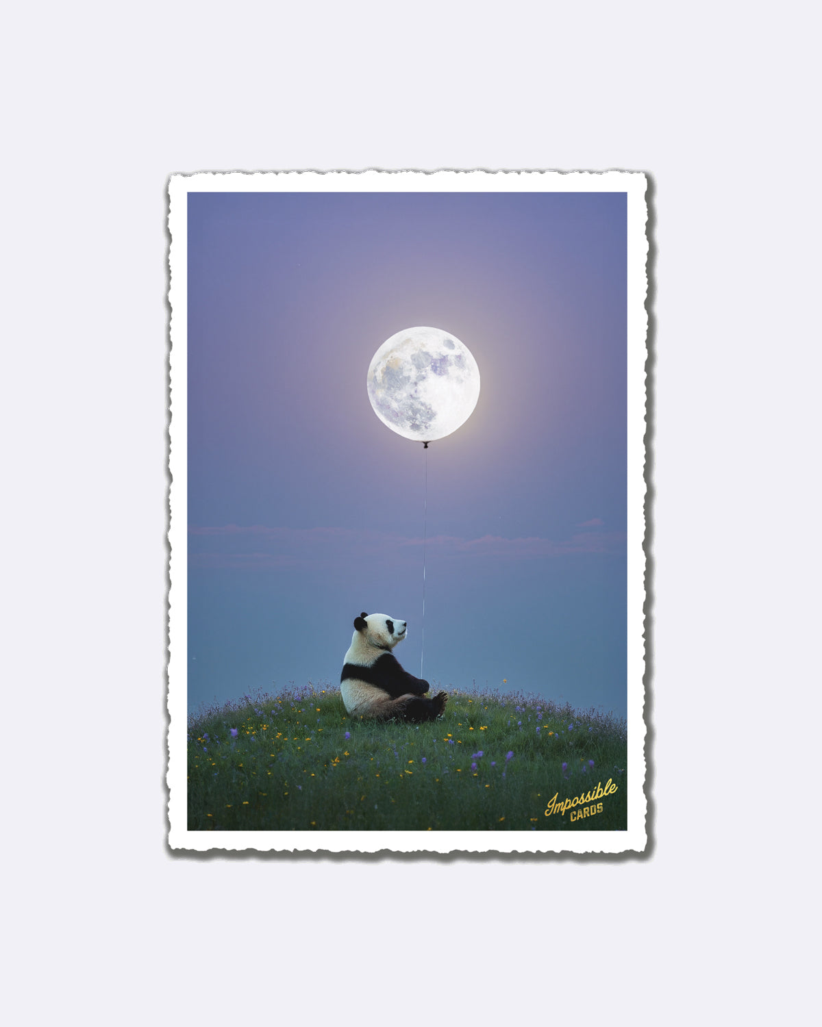 Postkarte mit Panda auf Blumenwiese und Mond-Ballon mit Schriftzug "Impossible Cards"
