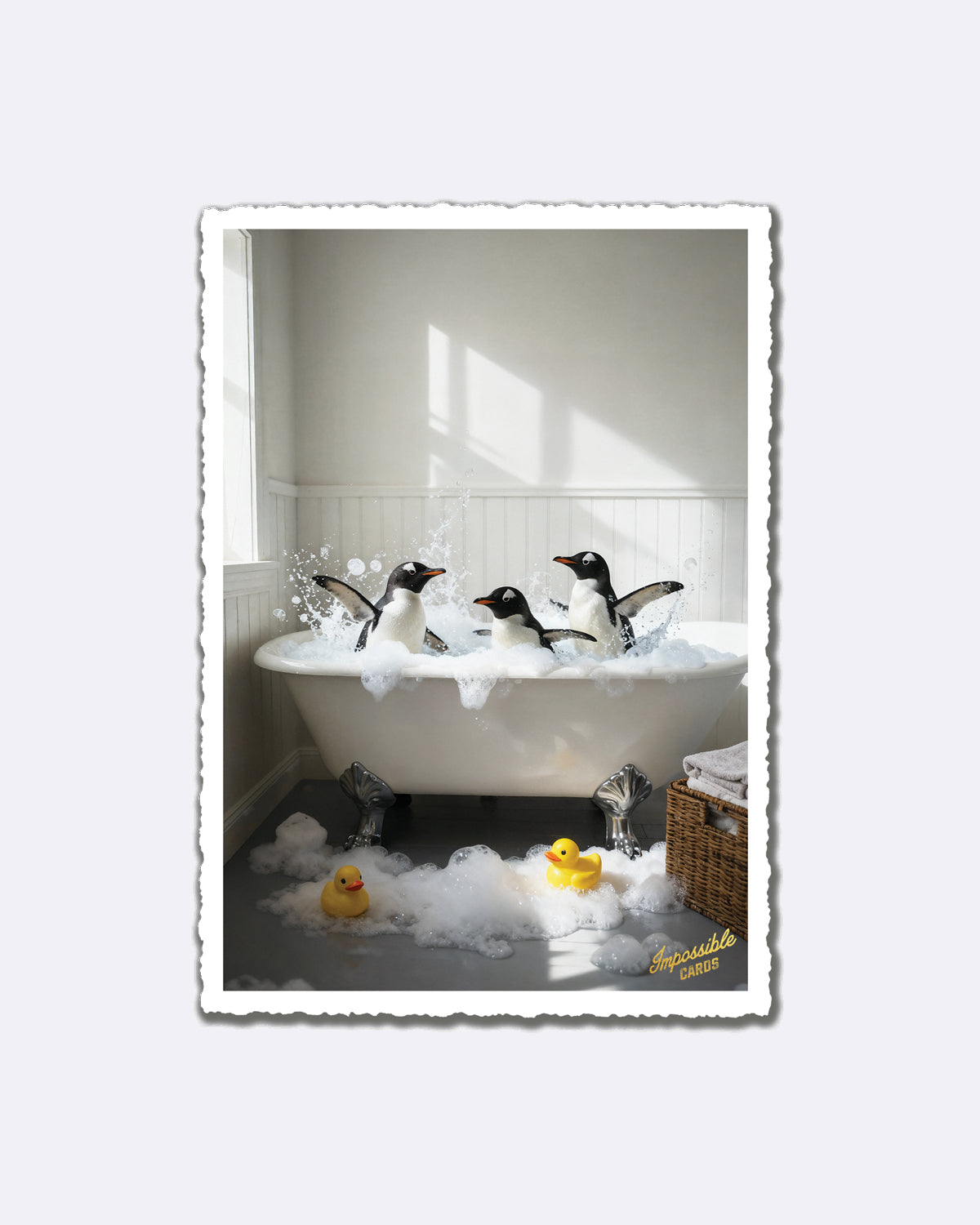 Postkarte mit Pinguinen in Badewanne und gelben Enten mit Schriftzug "Impossible Cards"
