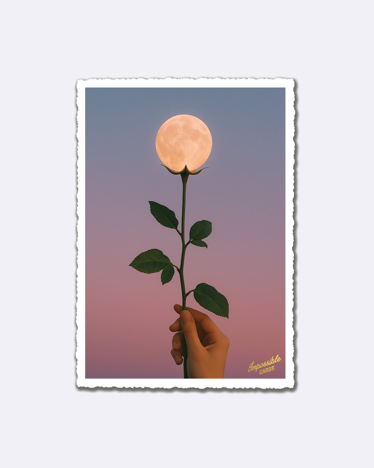 Postkarte mit Rose, deren Blüte der Vollmond ist, vor blau-lila Himmel und Schriftzug "Impossible Cards"