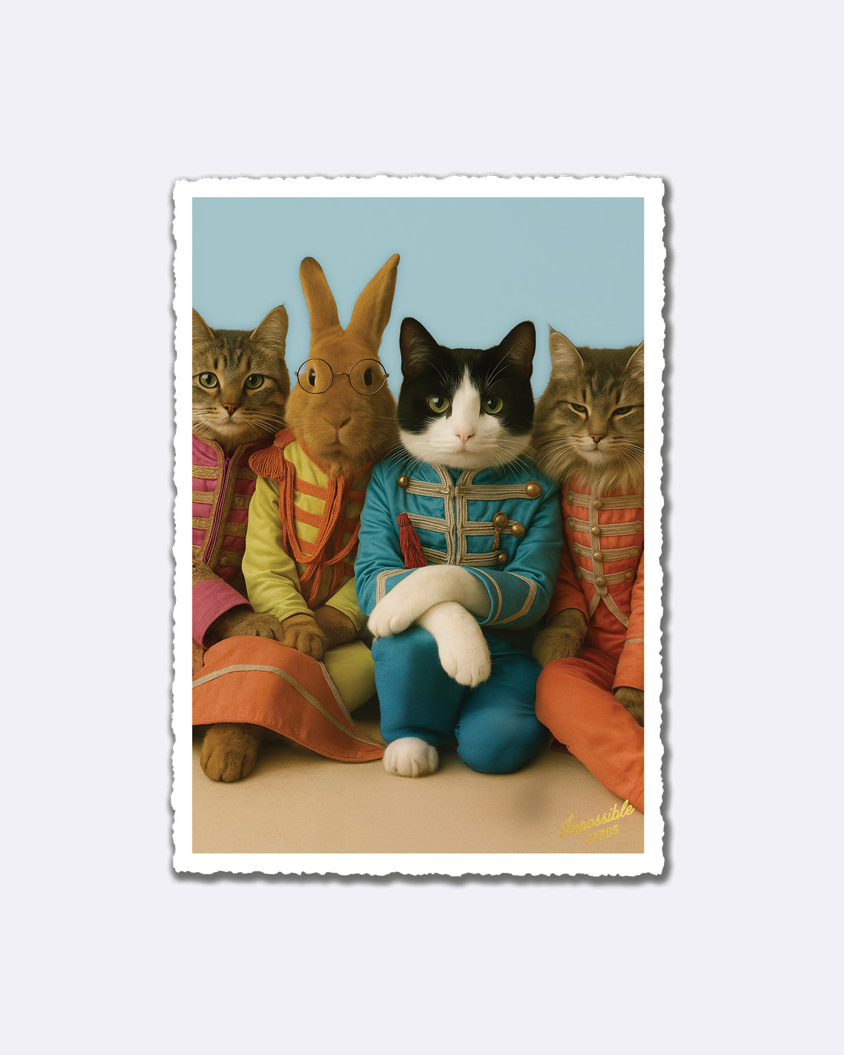 Postkarte mit Tieren in bunten Uniformen vor blauem Hintergrund und Schriftzug "impossible photos"