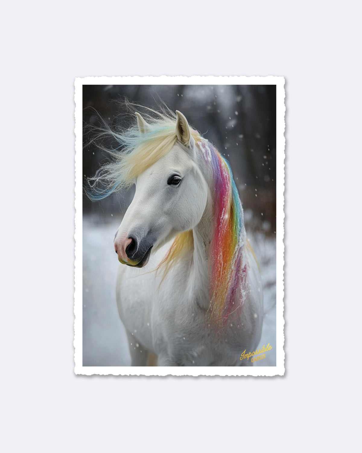 Postkarte mit weißem Pferd und Regenbogenmähne mit Schriftzug "Impossible Cards"