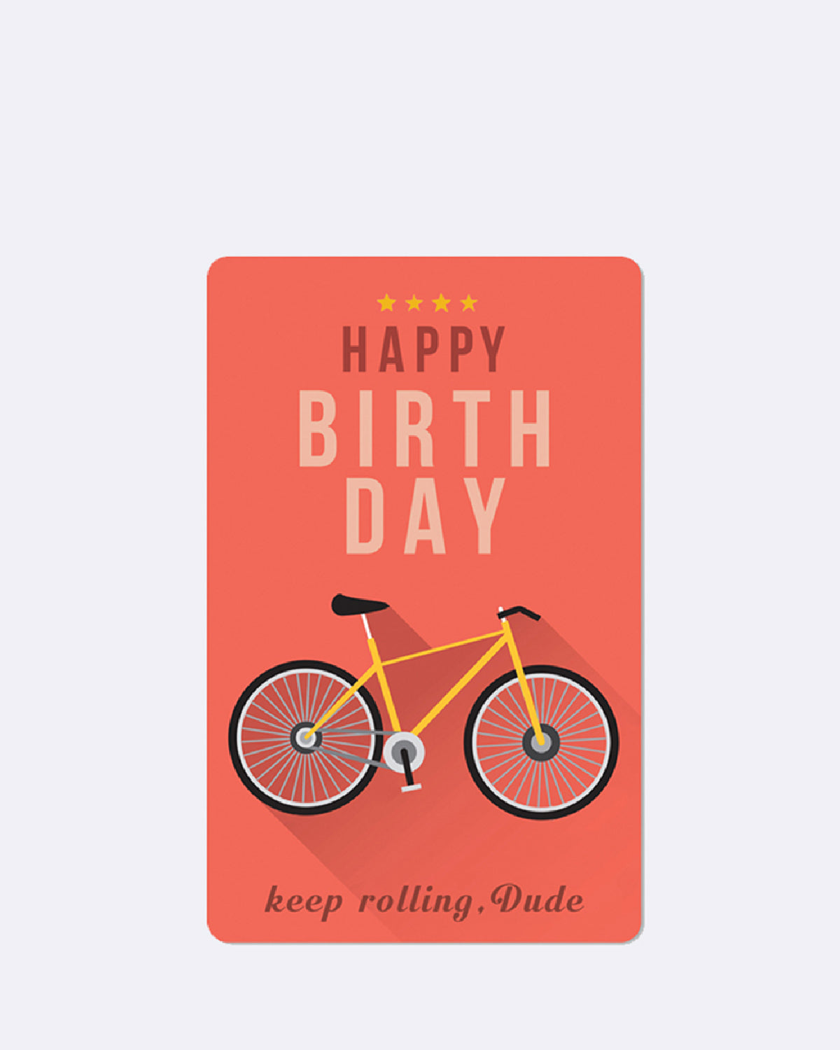 Postkarte in Rot mit gelbem Fahrrad und Schriftzug "HAPPY BIRTHDAY keep rolling", Dude