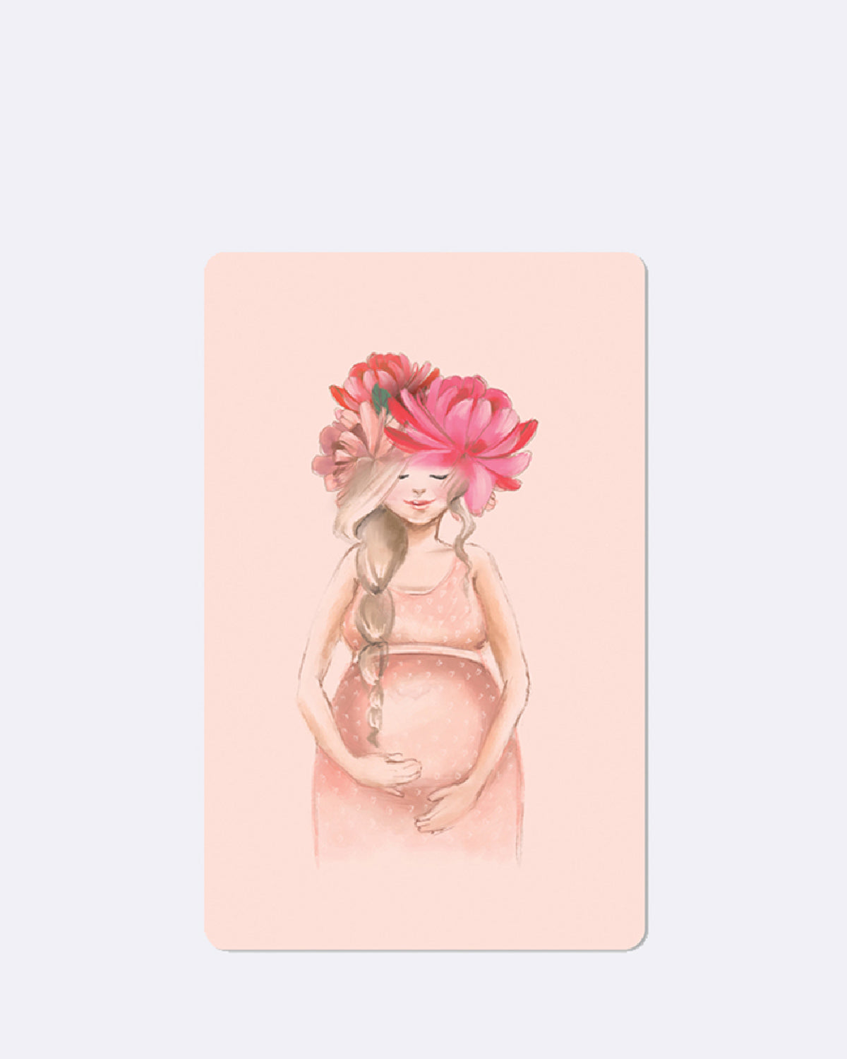 Mini Postkarte mit Illustration einer schwangeren Frau in rosa Kleid und Blumen im Haar