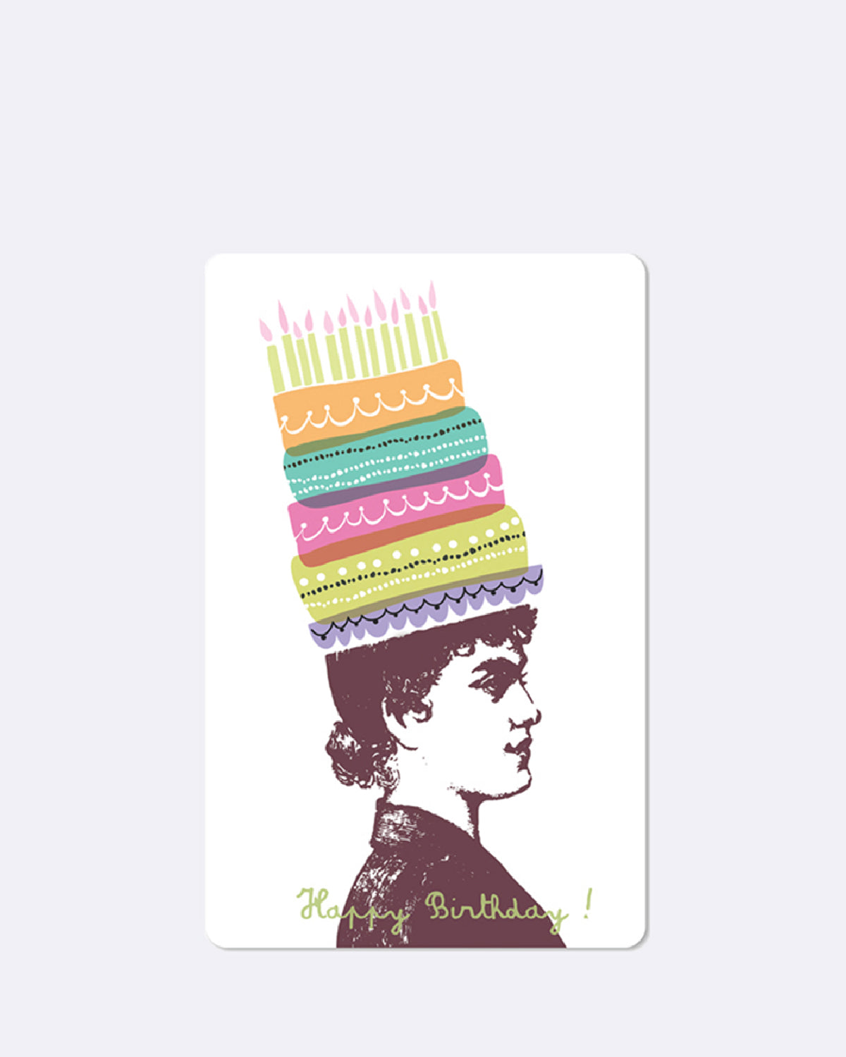 Postkarte mit Frau und bunter Torte als Hut mit Schriftzug "Happy Birthday"