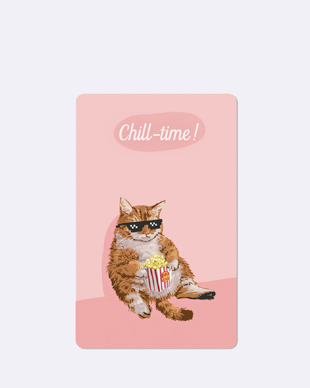 Mini Postkarte mit Katze und Popcorn auf rosa Hintergrund und Schriftzug "Chill-time"