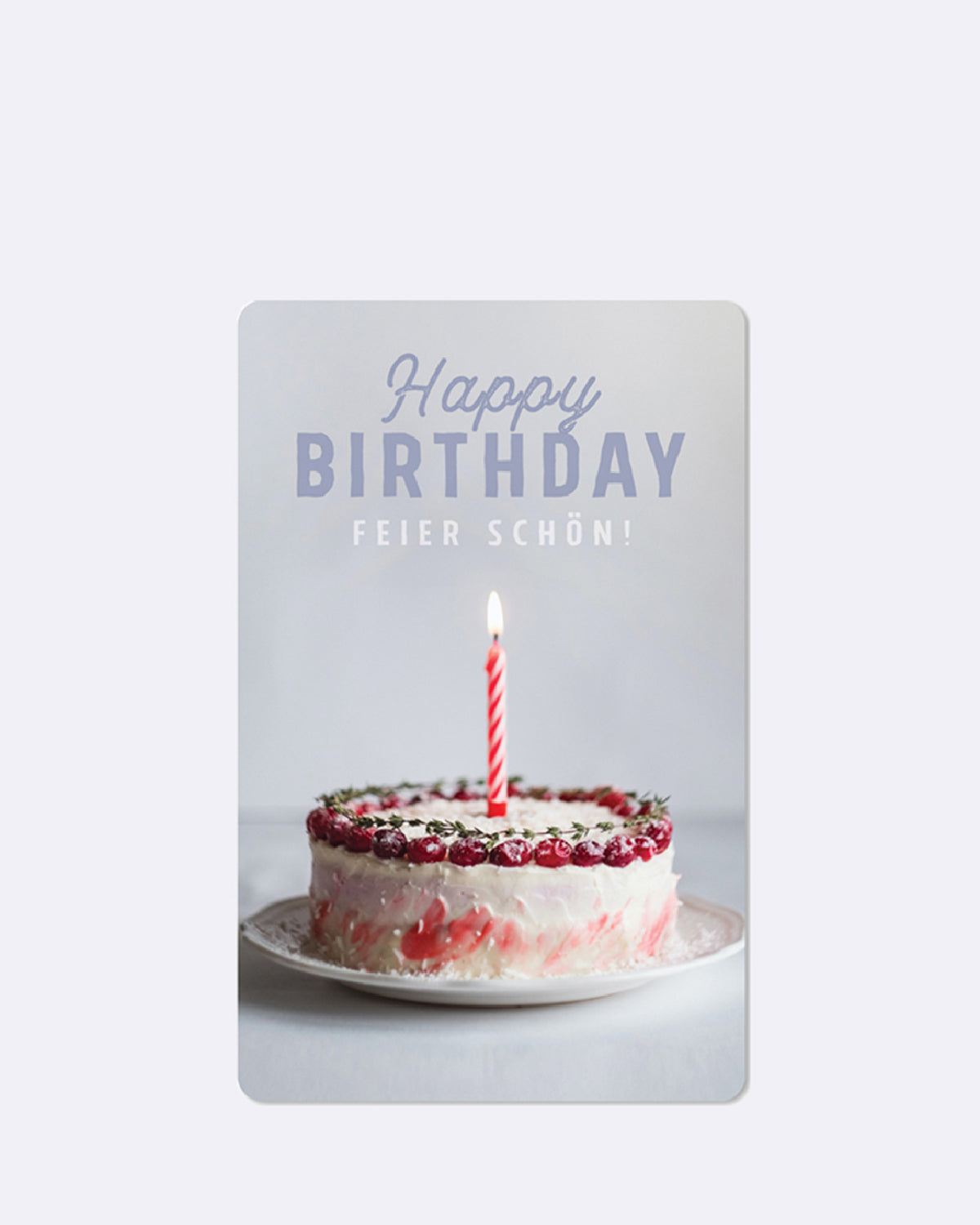 Mini Postkarte mit Geburtstagstorte und Kerze mit Schriftzug "Happy Birthday Feier schön"