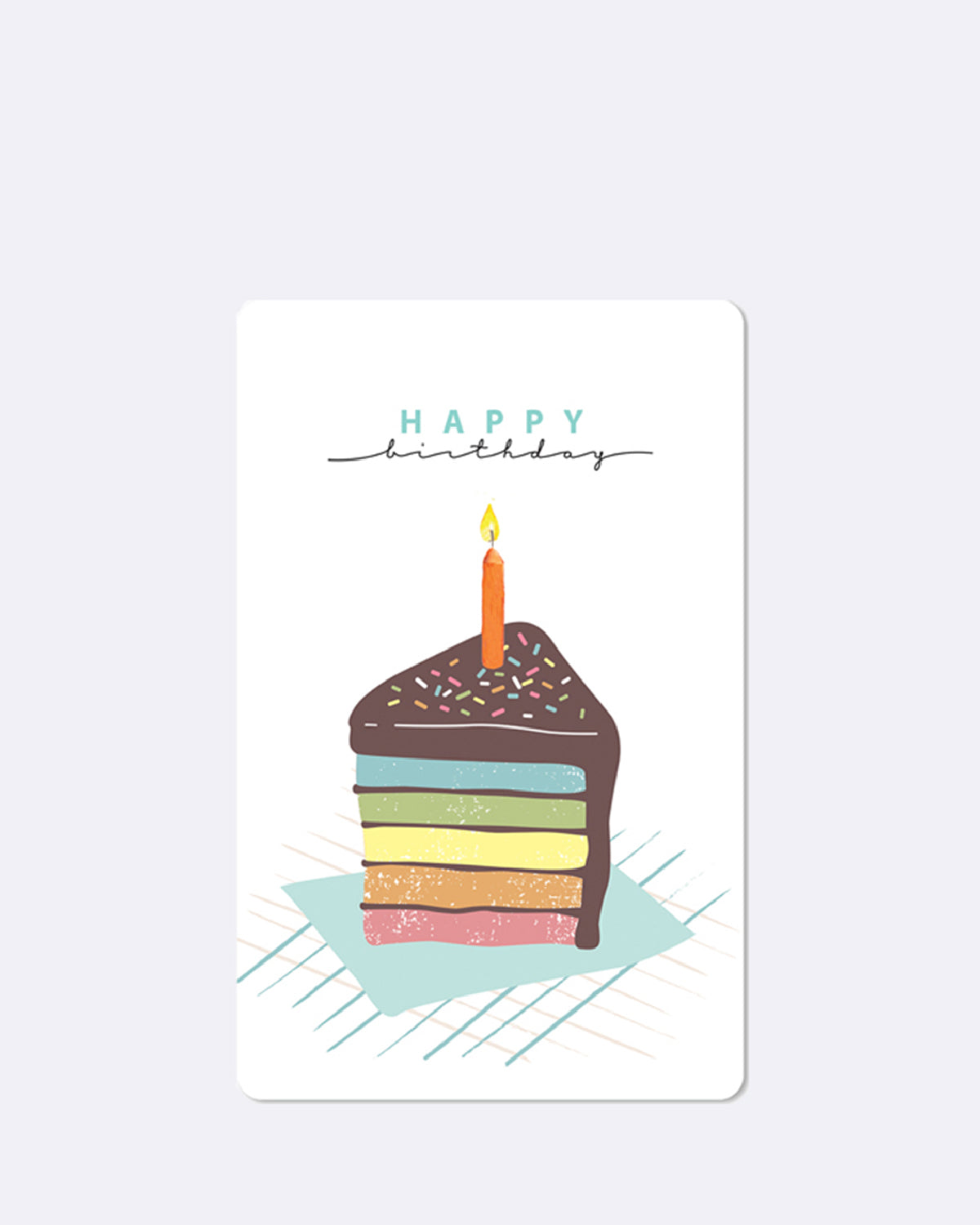 Mini Postkarte mit kunterbuntem Schichtkuchen und Kerze mit Schriftzug "HAPPY birthday"
