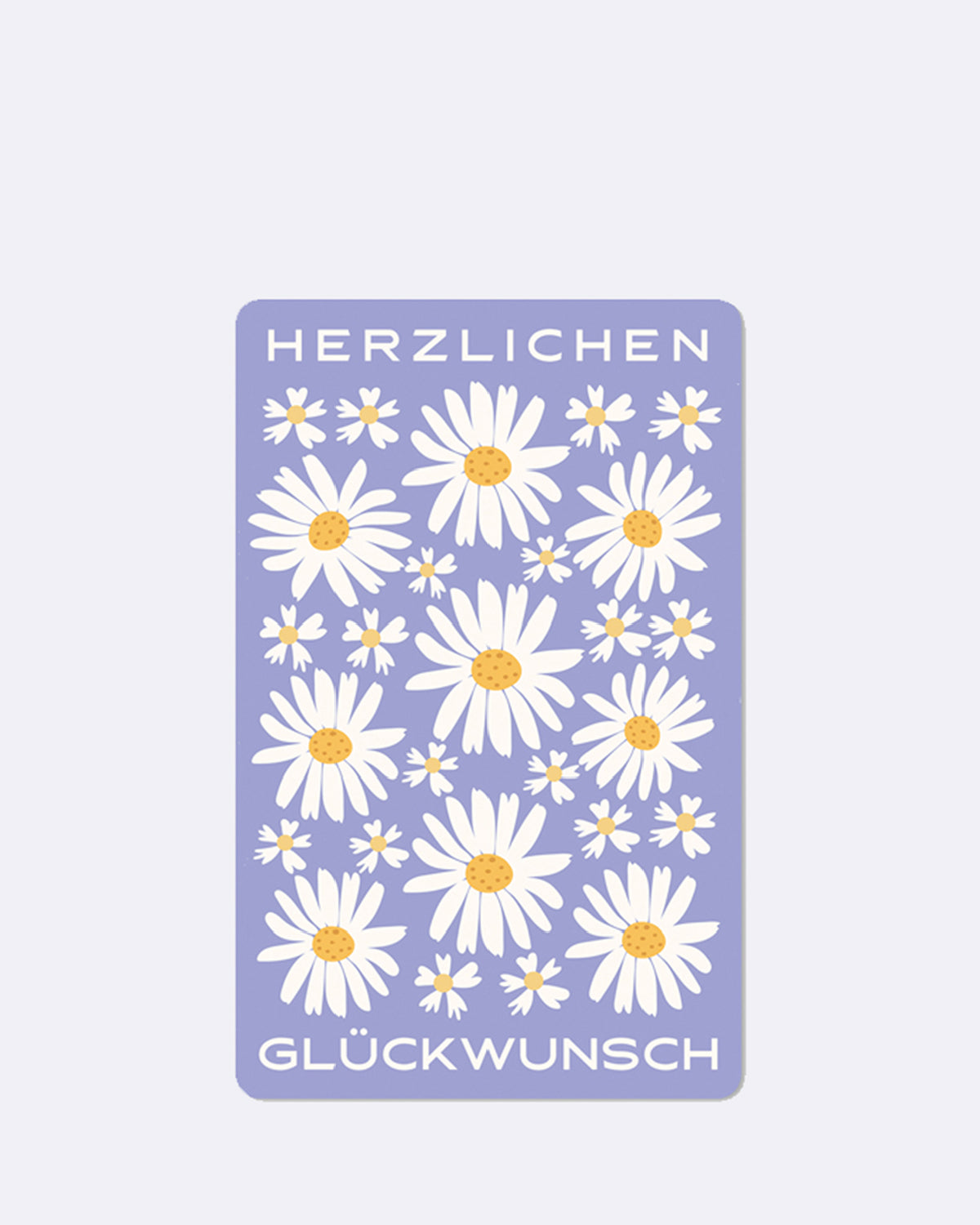 Mini Postkarte mit Margeriten auf lila Hintergrund und Schriftzug "HERZLICHEN GLÜCKWUNSCH"