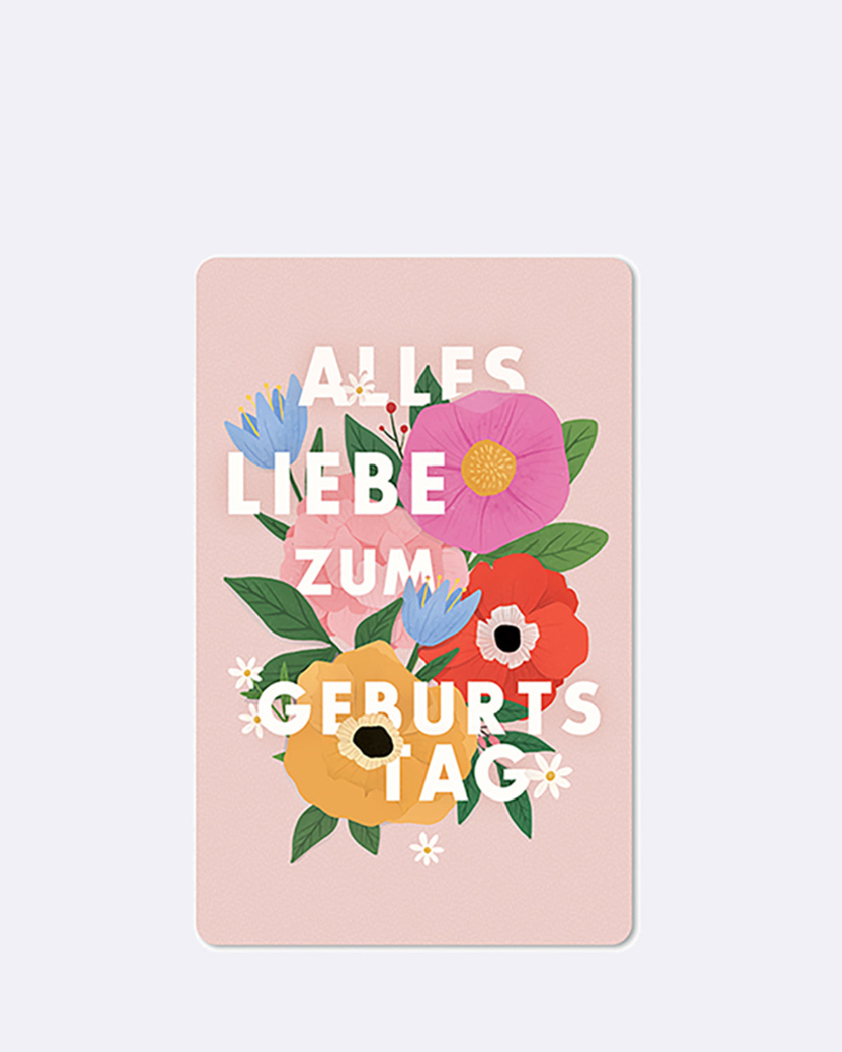 Mini Postkarte mit bunten Blumen auf rosa Hintergrund und Schriftzug "ALLES LIEBE ZUM GEBURTSTAG"