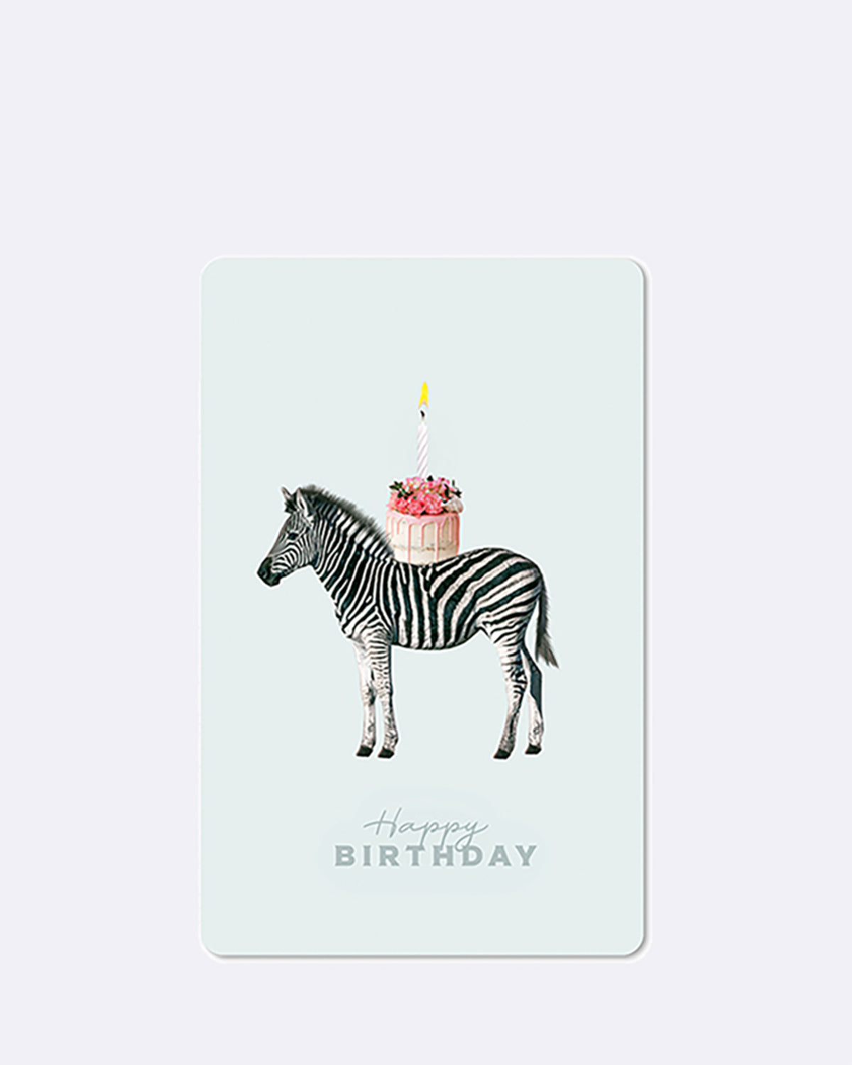 Postkarte mit Zebra und rosa Torte mit Kerze auf hellem Hintergrund und Schriftzug "Happy Birthday"