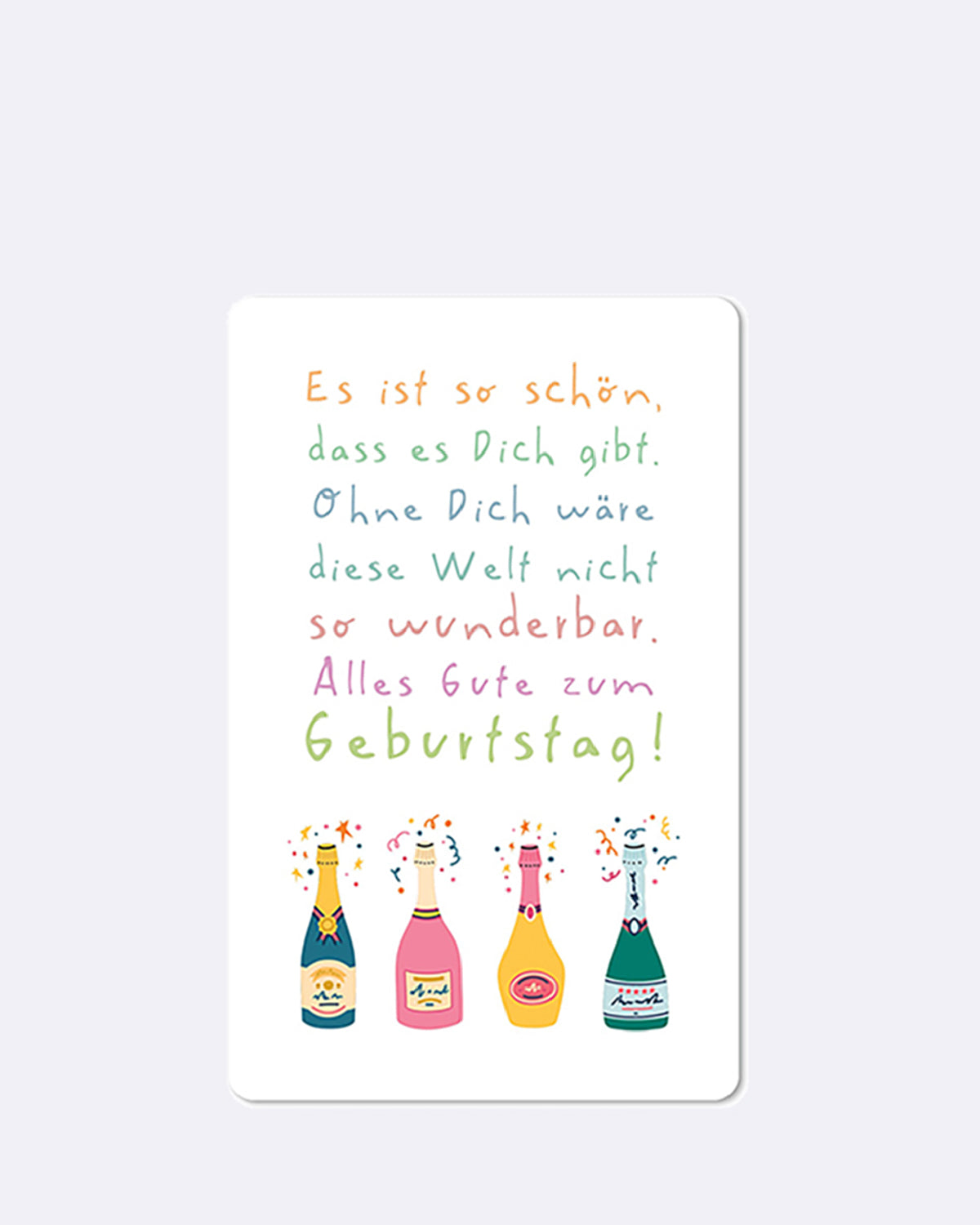 Postkarte in weiß mit bunten Sektflaschen und bunter Schrift