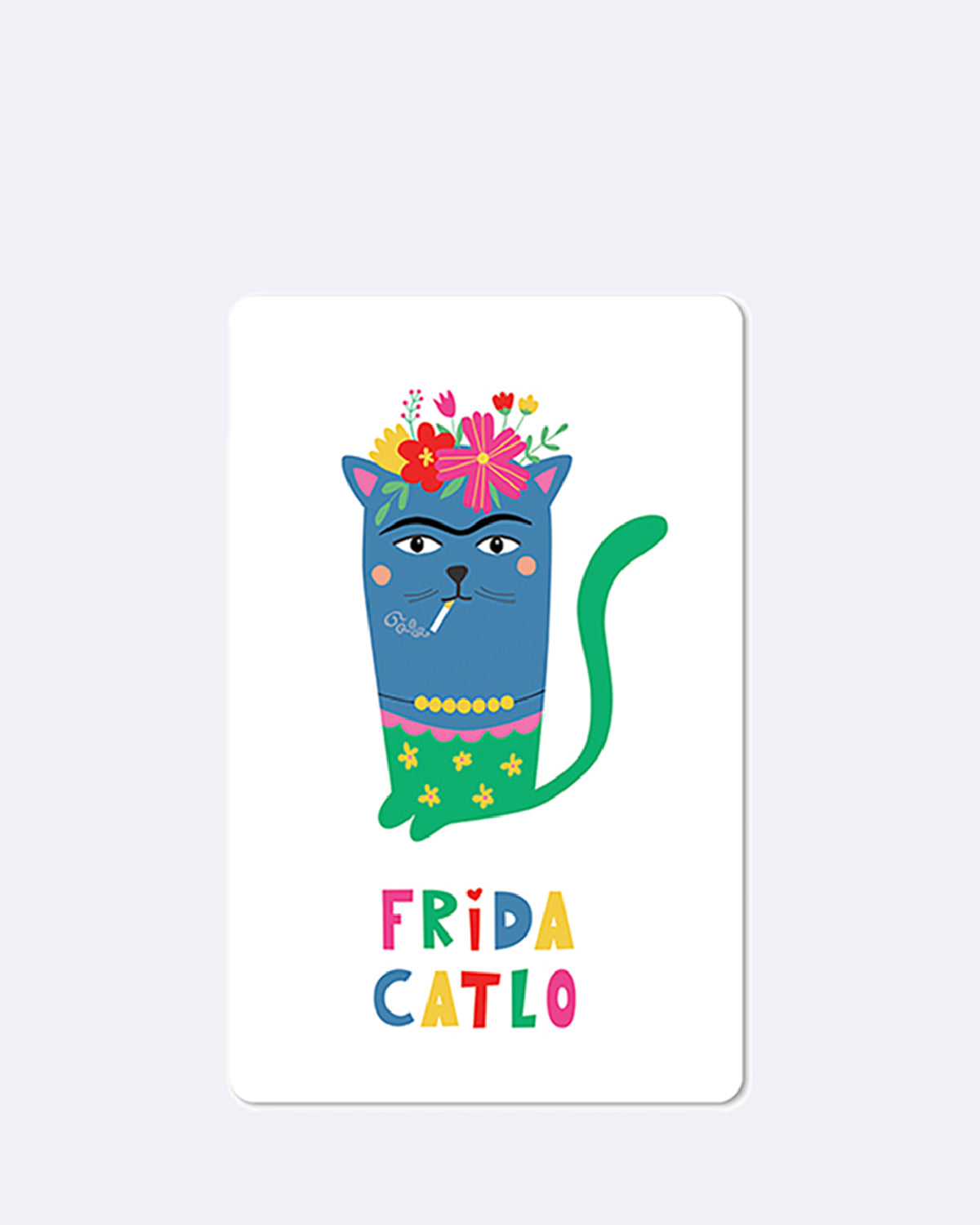 Mini Postkarte mit blauer Katze und Blumenkrone mit Schriftzug "FRIDA CATLO"