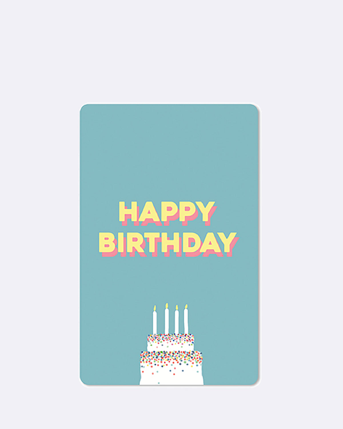 Postkarte in hellblau mit abgebildeter Torte und gelber Schrift