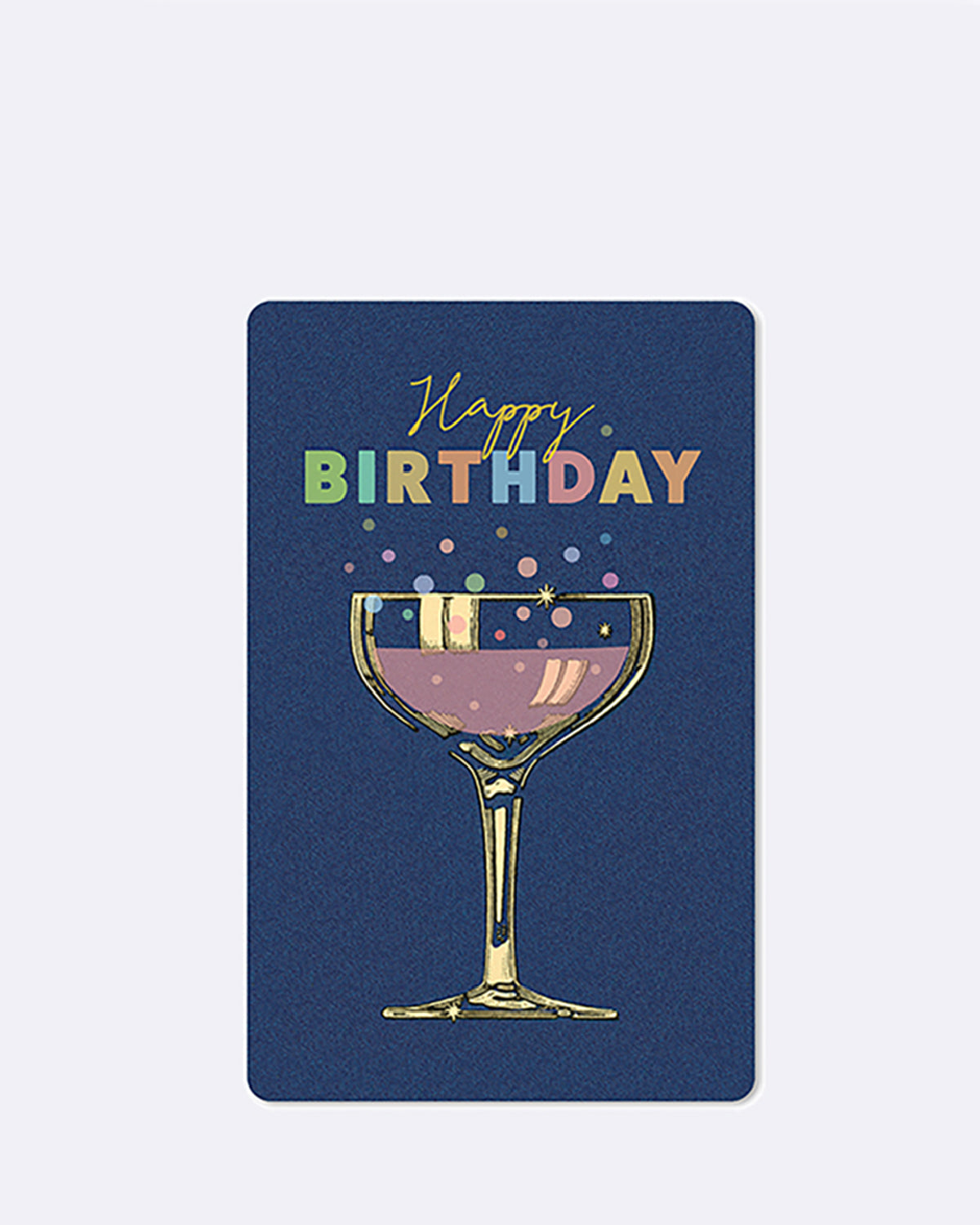 Mini Postkarte mit Sektglasillustration auf dunkelblauem Hintergrund und Schriftzug "Happy Birthday"