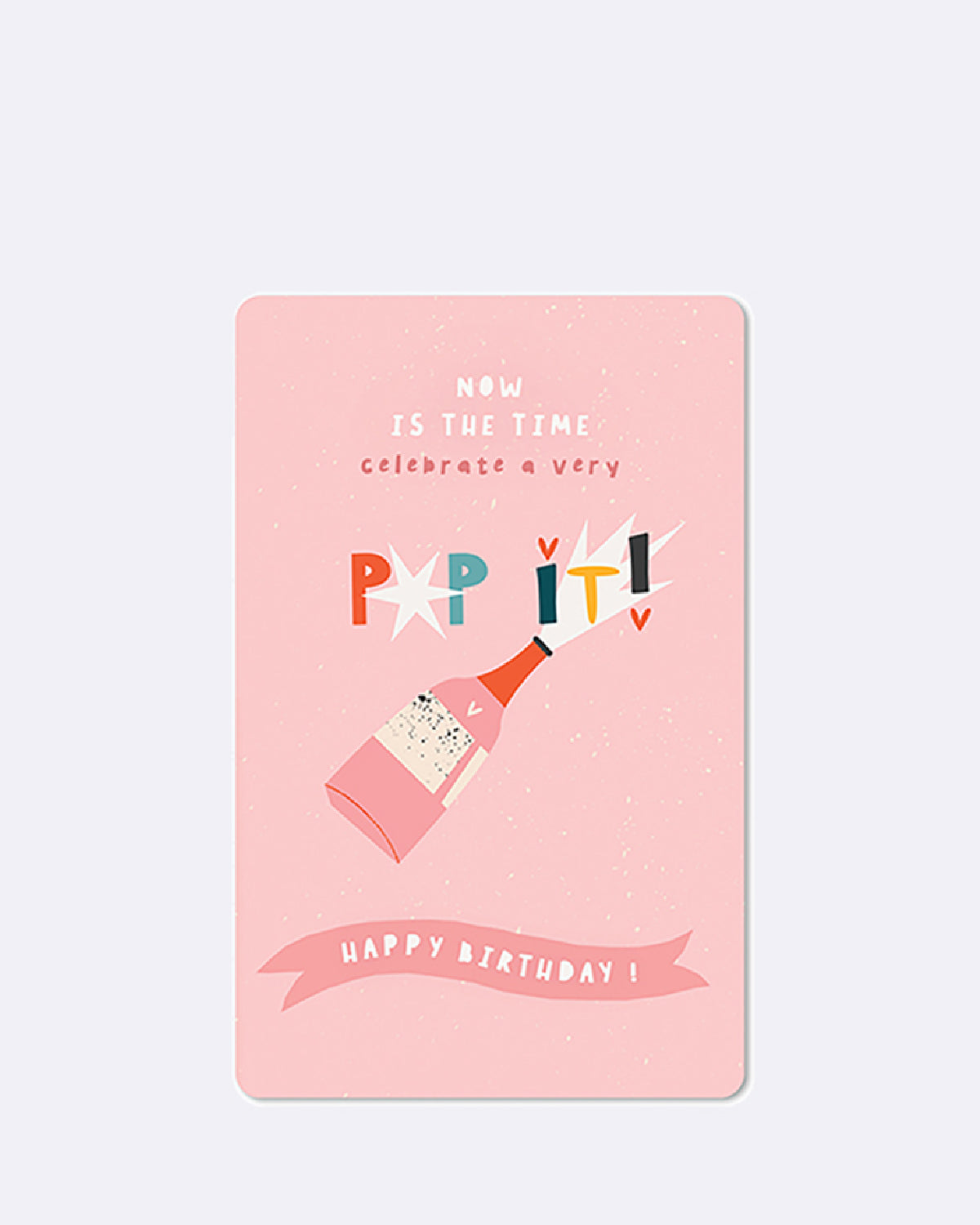 Postkarte in rosa mit abgebildeter Sektflasche und bunter Schrift 
