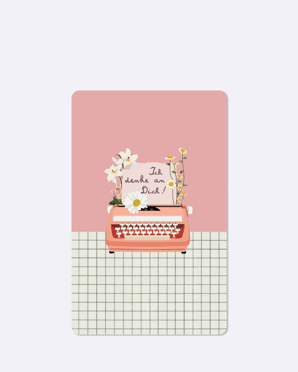 Postkarte in rosa mit abgebildeter Schreibmaschine