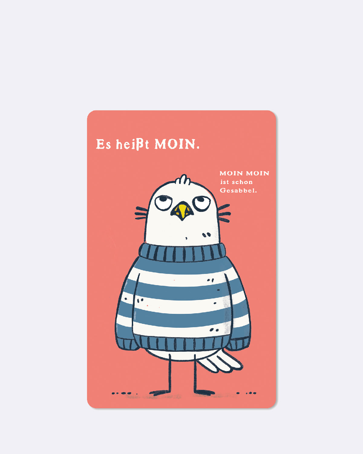 Postkarte in rot mit abgebildeter Möwe mit weißem Text