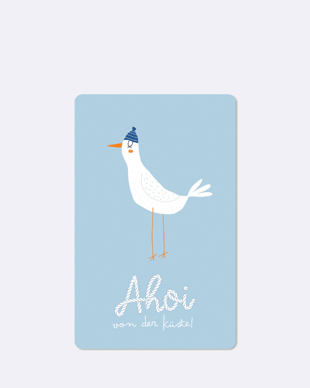 Postkarte in hellblau mit abgebildeter Möwe und weißem Text