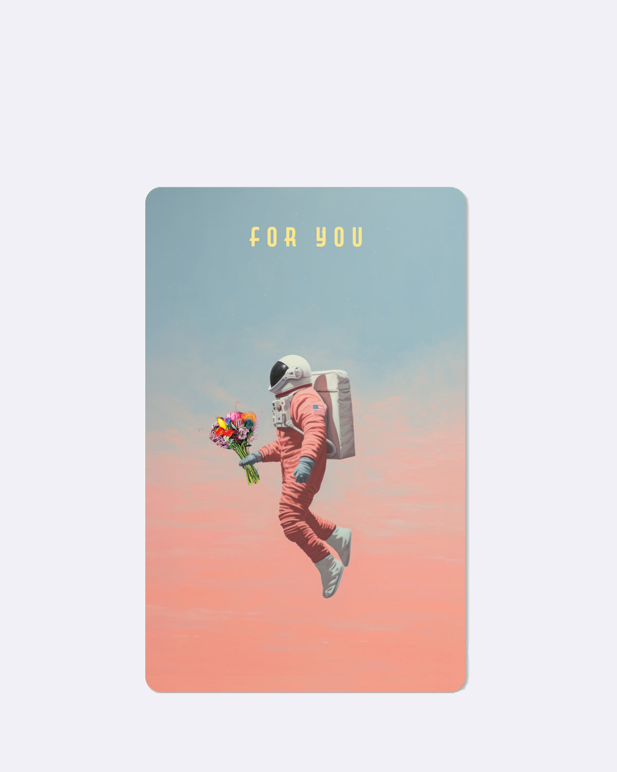 Postkarte mit Astronaut in rosa Anzug und einem Blumenstrauß mit Schriftzug "FOR YOU"